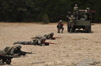 Security forces students take position during basic combat convoy field training at Camp Bullis. Camp Bullis, a training camp located in northwest San Antonio, is used primarily as maneuvering grounds for Army, Air Force and Marine combat units. (U.S. Air Force photo/Patrick Nugent)