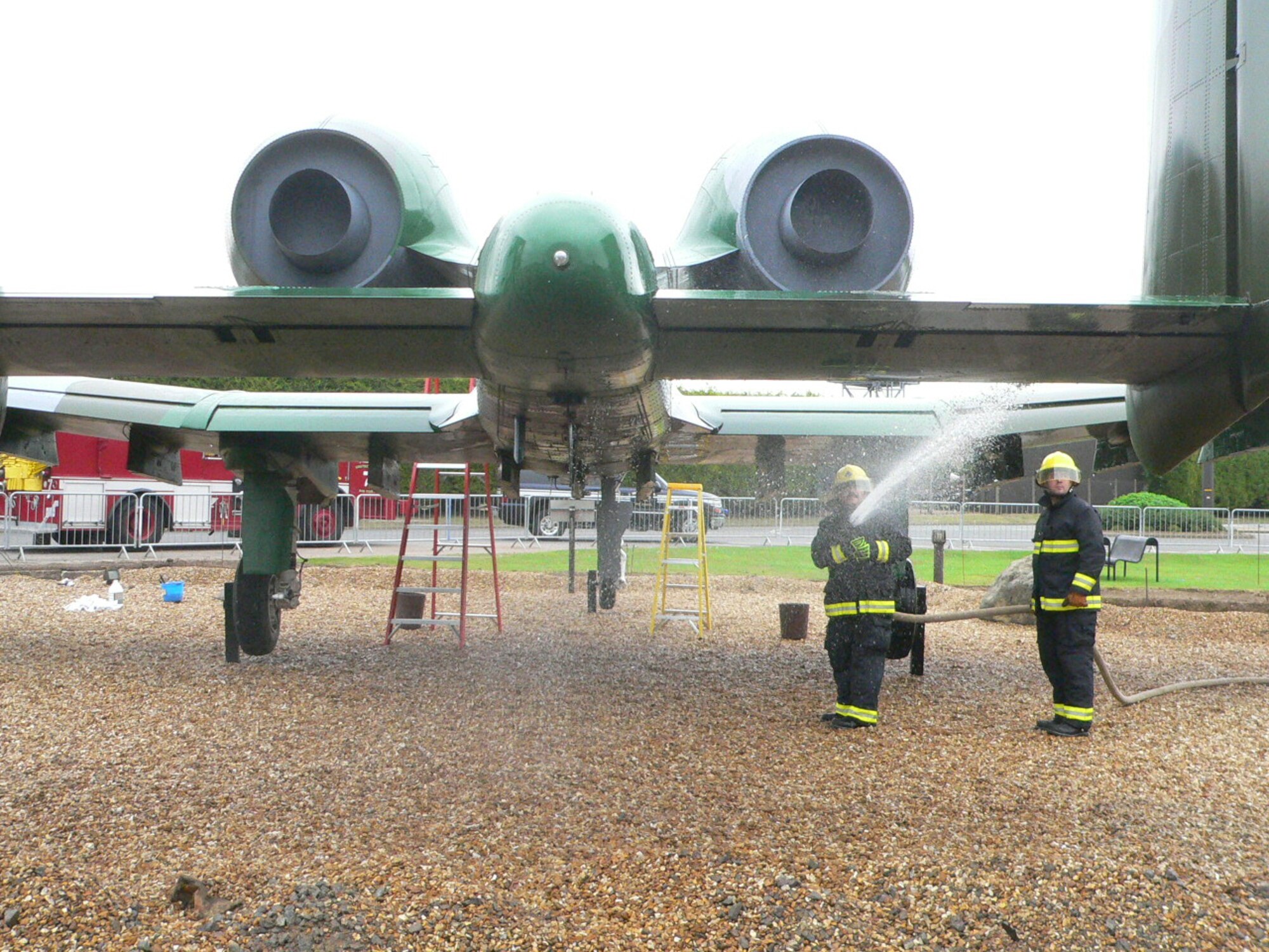 Members of the 423d Civil Engineer Squadron performed maintenance on the A-10 static display aircraft on RAF Alconbury Aug. 31.  Following the guidance of the USAFE historian, 17 personnel scrubbed the airplane with soft bristle brushes using a mild detergent to carefully clean the surface removing the buildup of dirt, moss and bird droppings.

The cleaning helped to prevent corrosion and damage to the aircraft.  CE saved $2,000 on contracted cleaning and accomplished the job to coincide with the completion of the pavement work in the A-10 area.  The work is part of a $790,000 basewide pavement upgrade project.  It will be completed in time for the Air Force’s birthday celebration and the Battle of Britain Sunset ceremony to be held on Sept. 24 and attended by local civic dignitaries. (U.S. Air Force Photo by Master Sgt C. Osbourne)

