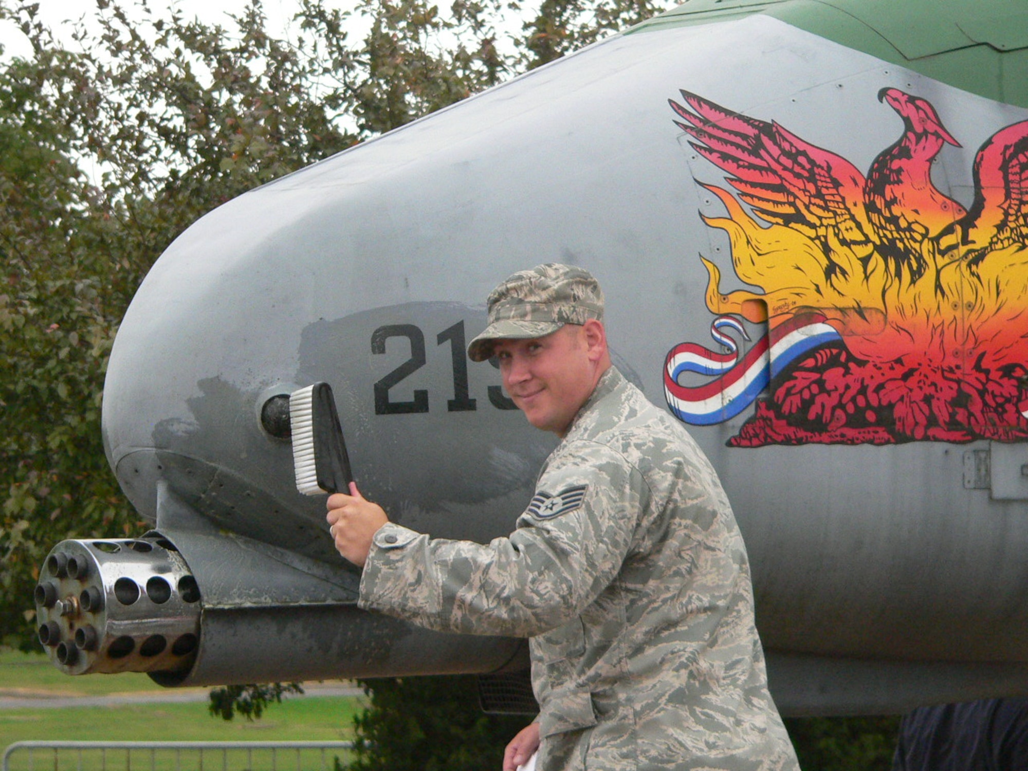 Members of the 423d Civil Engineer Squadron performed maintenance on the A-10 static display aircraft on RAF Alconbury Aug. 31.  Following the guidance of the USAFE historian, 17 personnel scrubbed the airplane with soft bristle brushes using a mild detergent to carefully clean the surface removing the buildup of dirt, moss and bird droppings.

The cleaning helped to prevent corrosion and damage to the aircraft.  CE saved $2,000 on contracted cleaning and accomplished the job to coincide with the completion of the pavement work in the A-10 area.  The work is part of a $790,000 basewide pavement upgrade project.  It will be completed in time for the Air Force’s birthday celebration and the Battle of Britain Sunset ceremony to be held on Sept. 24 and attended by local civic dignitaries. (U.S. Air Force Photo by Master Sgt C. Osbourne)
