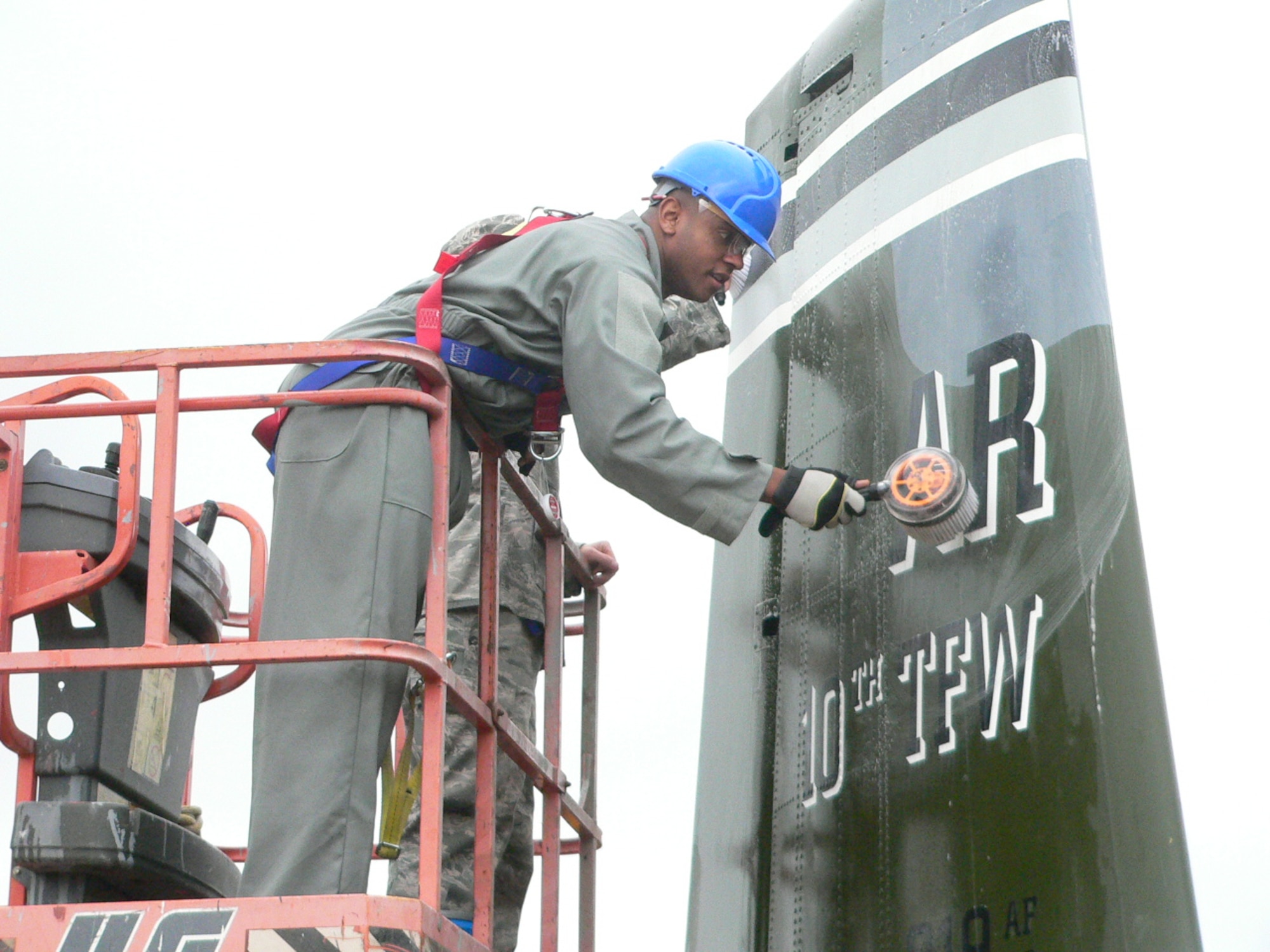 Members of the 423d Civil Engineer Squadron performed maintenance on the A-10 static display aircraft on RAF Alconbury Aug. 31.  Following the guidance of the USAFE historian, 17 personnel scrubbed the airplane with soft bristle brushes using a mild detergent to carefully clean the surface removing the buildup of dirt, moss and bird droppings.

The cleaning helped to prevent corrosion and damage to the aircraft.  CE saved $2,000 on contracted cleaning and accomplished the job to coincide with the completion of the pavement work in the A-10 area.  The work is part of a $790,000 basewide pavement upgrade project.  It will be completed in time for the Air Force’s birthday celebration and the Battle of Britain Sunset ceremony to be held on Sept. 24 and attended by local civic dignitaries.
