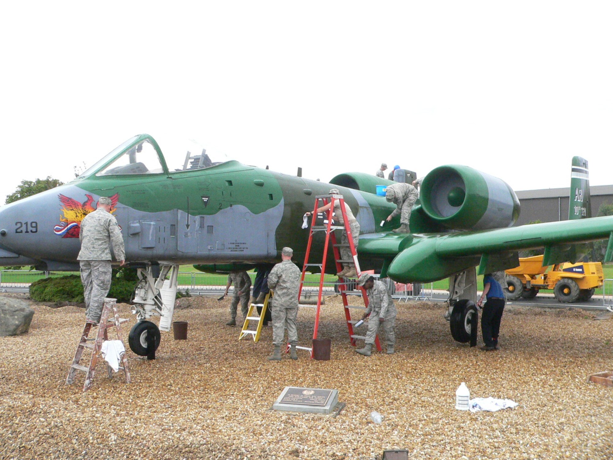 Members of the 423d Civil Engineer Squadron performed maintenance on the A-10 static display aircraft on RAF Alconbury Aug. 31.  Following the guidance of the USAFE historian, 17 personnel scrubbed the airplane with soft bristle brushes using a mild detergent to carefully clean the surface removing the buildup of dirt, moss and bird droppings.

The cleaning helped to prevent corrosion and damage to the aircraft.  CE saved $2,000 on contracted cleaning and accomplished the job to coincide with the completion of the pavement work in the A-10 area.  The work is part of a $790,000 basewide pavement upgrade project.  It will be completed in time for the Air Force’s birthday celebration and the Battle of Britain Sunset ceremony to be held on Sept. 24 and attended by local civic dignitaries.
