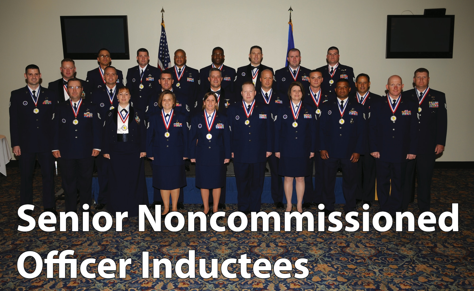 Team Goodfellow SNCO inductees pose for a group photo at a ceremony held at the Event Center, Aug. 27. Front row, left to right, Tech. Sgt. Brent Nichols, 316th Training Squadron, Tech. Sgt. Richard Podruchny, Jr., 315th Training Squadron, Tech. Sgt. Jayme Cartwright, 315 TRS, Tech. Sgt. Melanie Andros, 17th Medical Operations Squadron, Tech. Sgt. Tara Torrisi, 315 TRS, Tech. Sgt. Johnny Cramer, Jr., 315 TRS, Tech. Sgt. Kacy Ellsworth, 315 TRS, Tech. Sgt. Henry Stephens, 312th Training Squadron, Tech. Sgt. Brent Nichols, 316 TRS. Second row, left to right, Tech. Sgt. Craig Jorell, 316 TRS, Tech. Sgt. Kevin Furtick, 315 TRS, Tech. Sgt. Joshua Newton, 316 TRS, Tech. Sgt. Chad Madore, 312 TRS, Master Sgt. Jeremie Collins, 17th Communications Squadron, Tech. Sgt. Brian Chris, 315 TRS, Master Sgt. Lucius Wilcox, 312 TRS, Tech. Sgt Courtney Davis, 312 TRS, Third row, left to right, Tech. Sgt. Brian Strong, 316 TRS, Tech. Sgt. Terry Dybdahl, 312 TRS, Tech. Sgt. Wayne Thomas, 17th Training Support Squadron, Master Sgt. Christopher Curry, 17th Logistics Readiness Squadron, Tech. Sgt. Anthony Baeza, 316 TRS, Tech. Sgt. William Grates, 315 TRS, Tech. Sgt. Dennis Hall, 316 TRS. (U.S. Air Force photo by Tech. Sgt. John Barton).