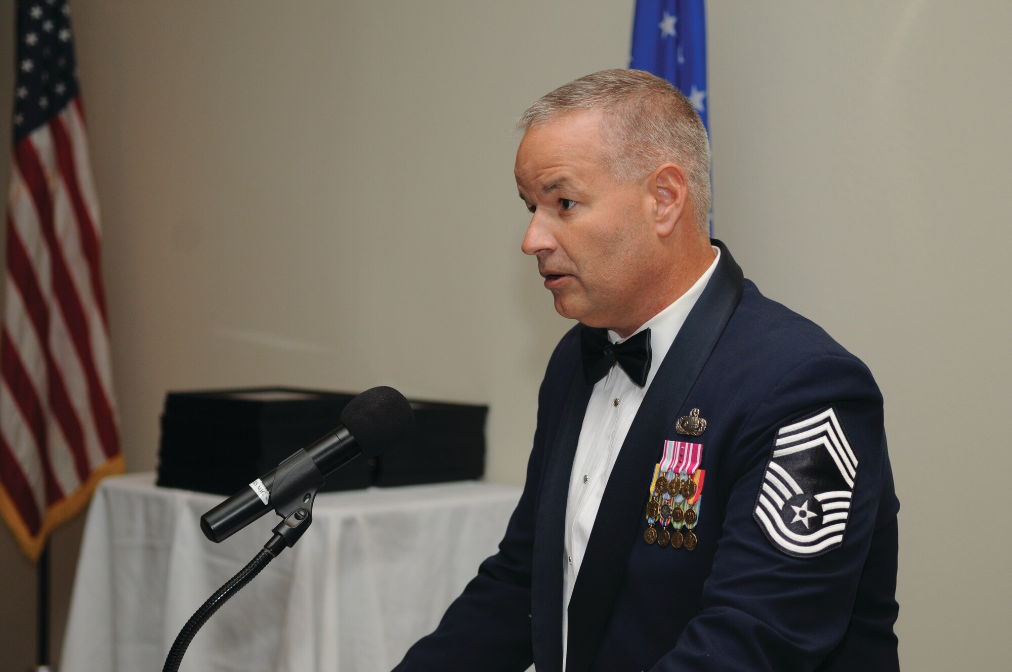 Chief Master Sgt. Thomas G. Rioux, chief enlisted manager, 315th Training Squadron, speaks to Airmen at the ceremony.  (U.S. Air Force photo by Tech. Sgt. John Barton). 

