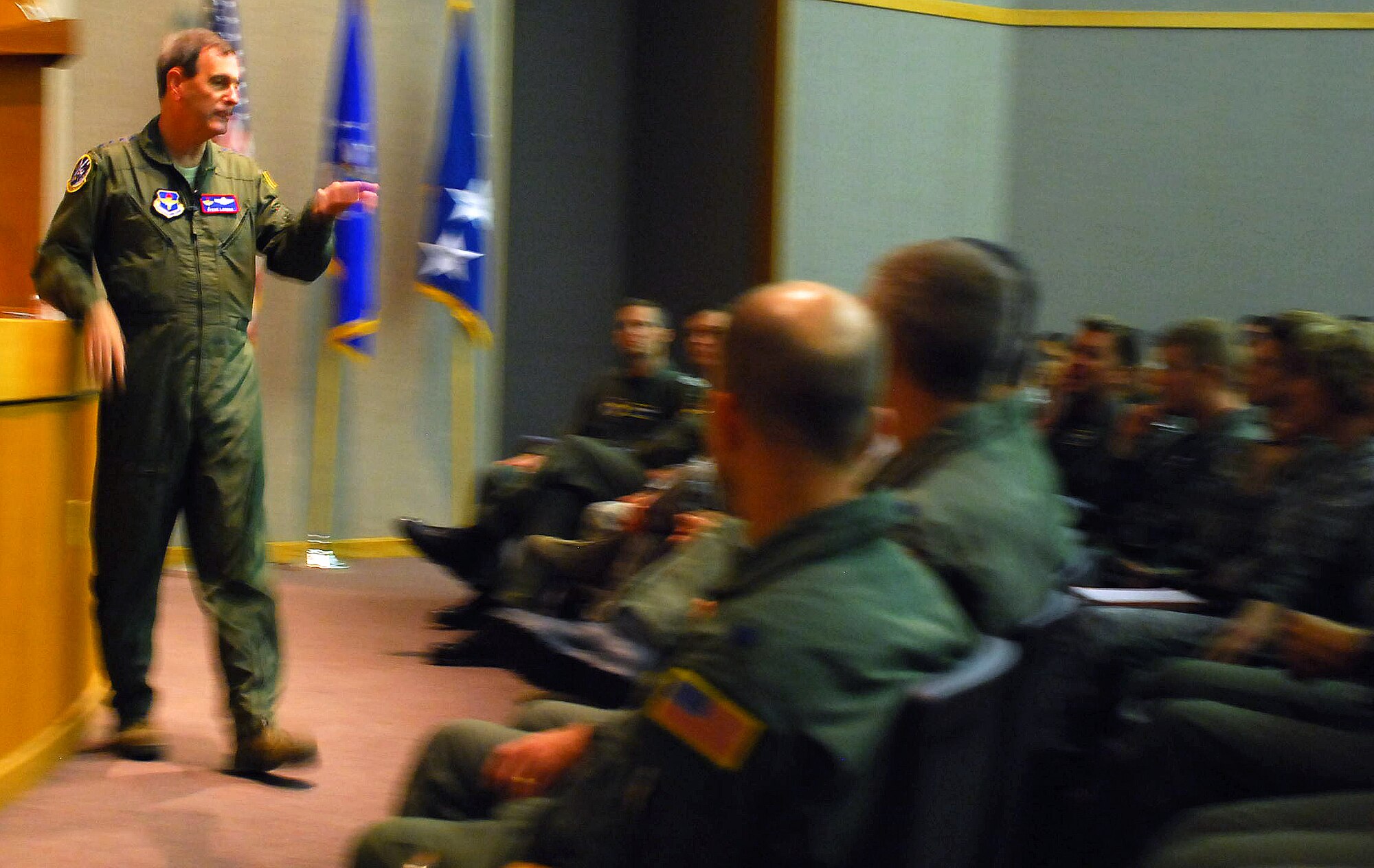 LAUGHLIN AIR FORCE BASE, Texas – Gen. Stephen Lorenz, Air Education and Training Command commander, talks to Laughlin members in Anderson Hall during his visit here Sept. 2. General Lorenz said he wanted to visit Laughlin because he really wanted to meet with Airmen and see what was on their minds. While at Laughlin, General Lorenz met with members of the 86th Flying Training Squadron who recently swept the board at the Air Mobility Command Rodeo, toured some of Laughlin’s newest facilities and hosted an all call. (U.S. Air Force photo by Senior Airman Sara Csurilla)