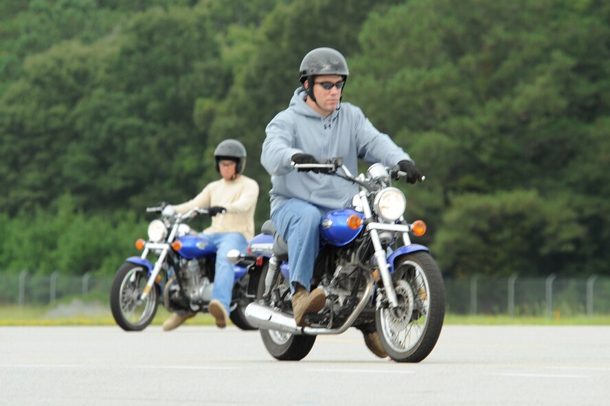 Tech Sgt. Wesley Going, 4th Equipment Maintenance Squadron, starts the third exercise of the Basic Rider's Course on Seymour Johnson Air Force Base, N.C., Sept. 1, 2009. Exercise three is a starting and stopping drill, teaching students to smoothly start and stop. (U.S. Air Force photo by Airman 1st Class Whitney Lambert)