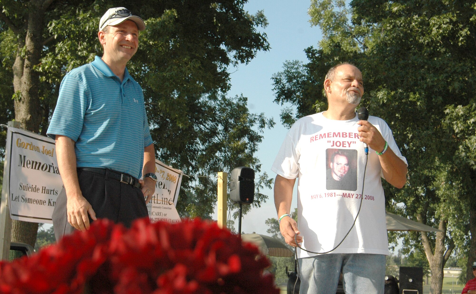 A suicide prevention walk was held Aug. 29 in Midwest City. The walk was organized by Rocky Dunham, a tool and parts attendant in the 76th Maintenance Wing who lost his own son, Joey, to suicide in 2008. Brig. Gen Bruce Litchfield, 76th MXW commander, spoke to participants before the walk. He shared the Air Force’s Wingman ethos and said that in the community, neighbors, friends and family members are also wingmen. Everyone needs help at some point in their lives, he said, and there should be no shame in asking for it. There should also be no reluctance to speak up and get involved when depression is evident in another’s life, he said. Approximately 50 people attended the walk, including members of the Midwest City Police Department. Mr. Dunham plans to make the walk an annual event. (Air Force photo by Micah Garbarino)