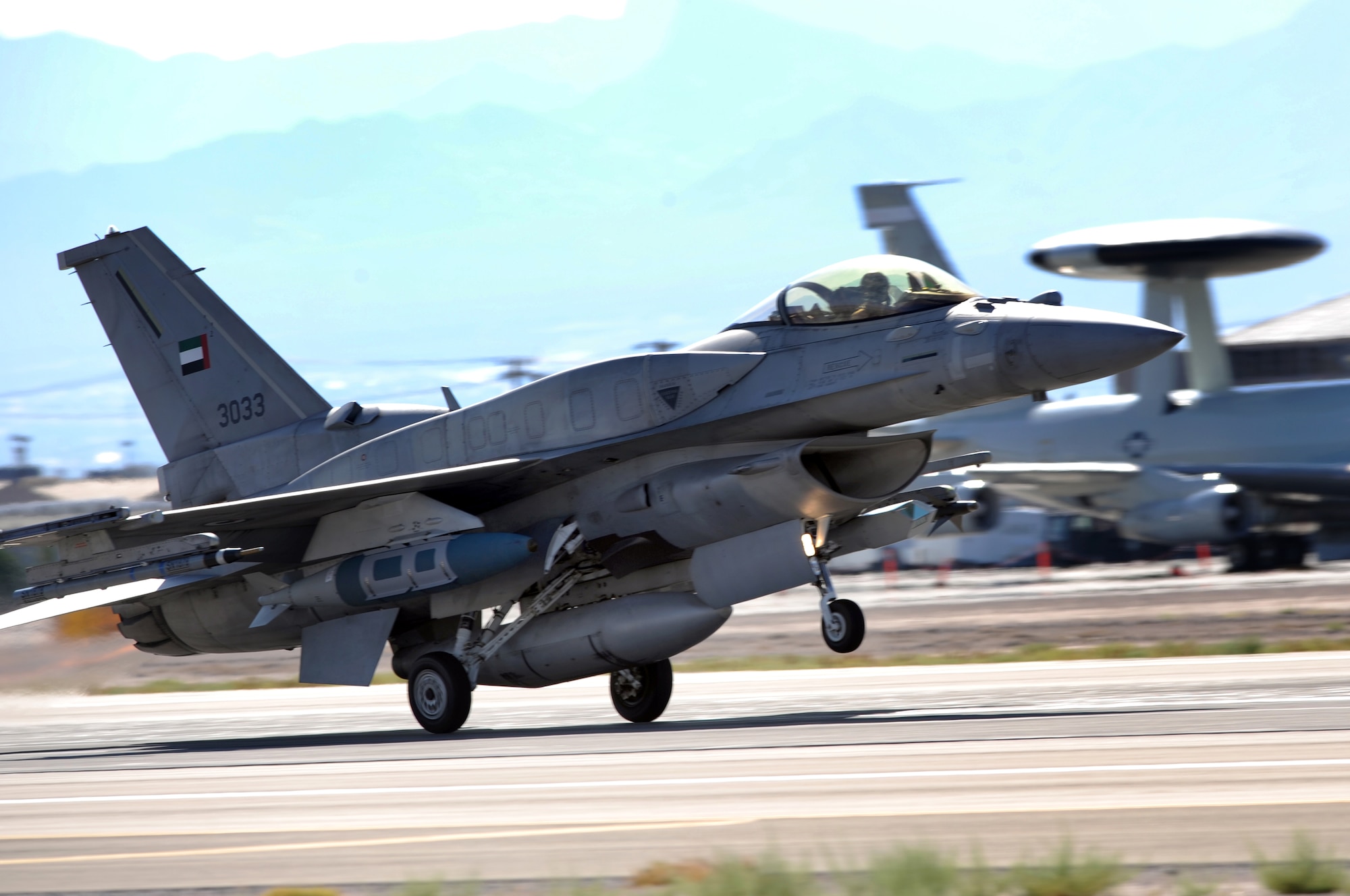 An F-16E from the United Arab Emirates takes off for a training mission during Red Flag 09-5 Aug. 26, 2009, at Nellis Air Force Base, Nev.  This is the first time the nation has participated in Red Flag. (U. S. Air Force photo/Tech. Sgt. Michael R. Holzworth)