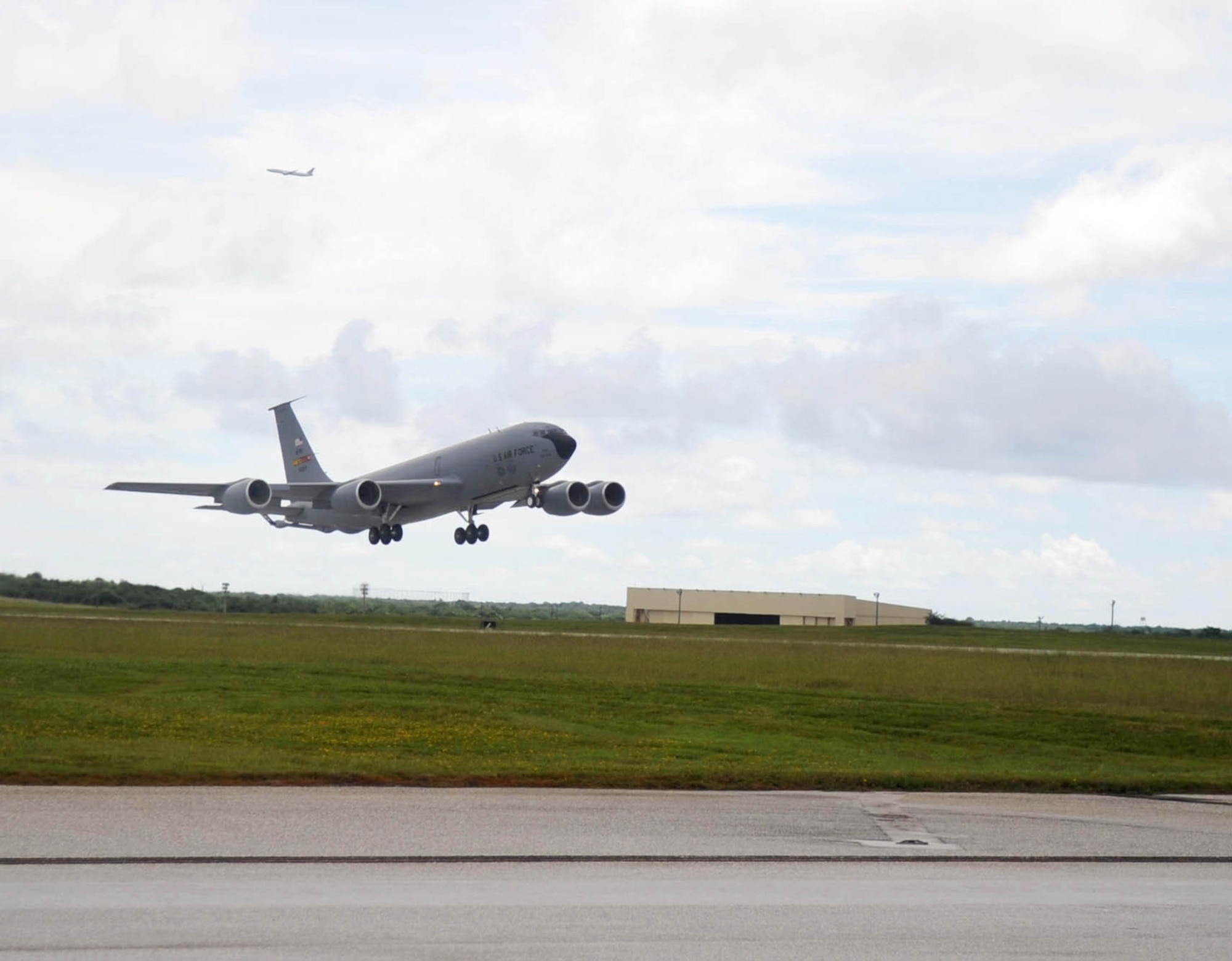 A KC-135 Stratotanker from the 506th Expeditionary Air Refueling Squadron Aug. 25, 2009, takes off from Andersen Air Force Base, Guam. The KC-135 is deployed to support U.S. Pacific Command's theater security package and continuous bomber presence in the Asia-Pacific region. (U.S. Air Force photo/Senior Airman Christopher Bush)