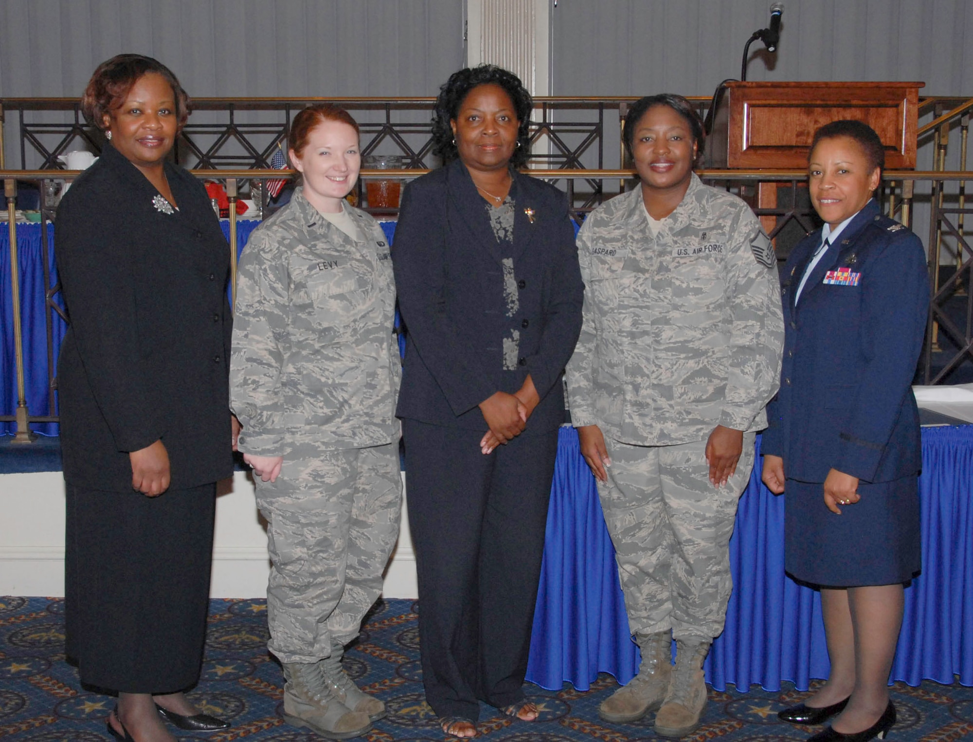 From left to right, W. Ann Jones, the Federal Women's Program manager, 1st Lt. Gillian Levy, Ms. Pat Humphries, Master Sgt. Patricia Gaspard and keynote speaker Col. Barbara J. Gilchrist, director of the Defense Financial Management and Comptroller School at Maxwell. (U.S. Air Force photo/Roger Curry)