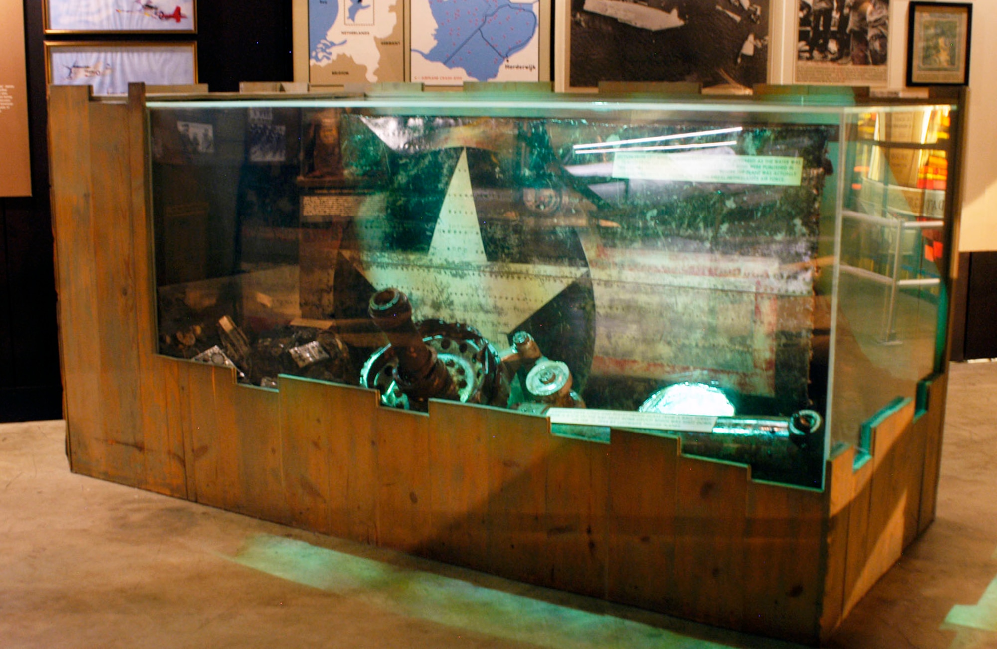 DAYTON, Ohio -- Section of left wing of B-24H No. 638, which first appeared as the water was pumped from the Dutch polder. Photos of this wing were published in newspapers around the world for months before the plane was actually removed from the Zuider Zee by the Royal Netherlands Air Force. (U.S. Air Force photo)