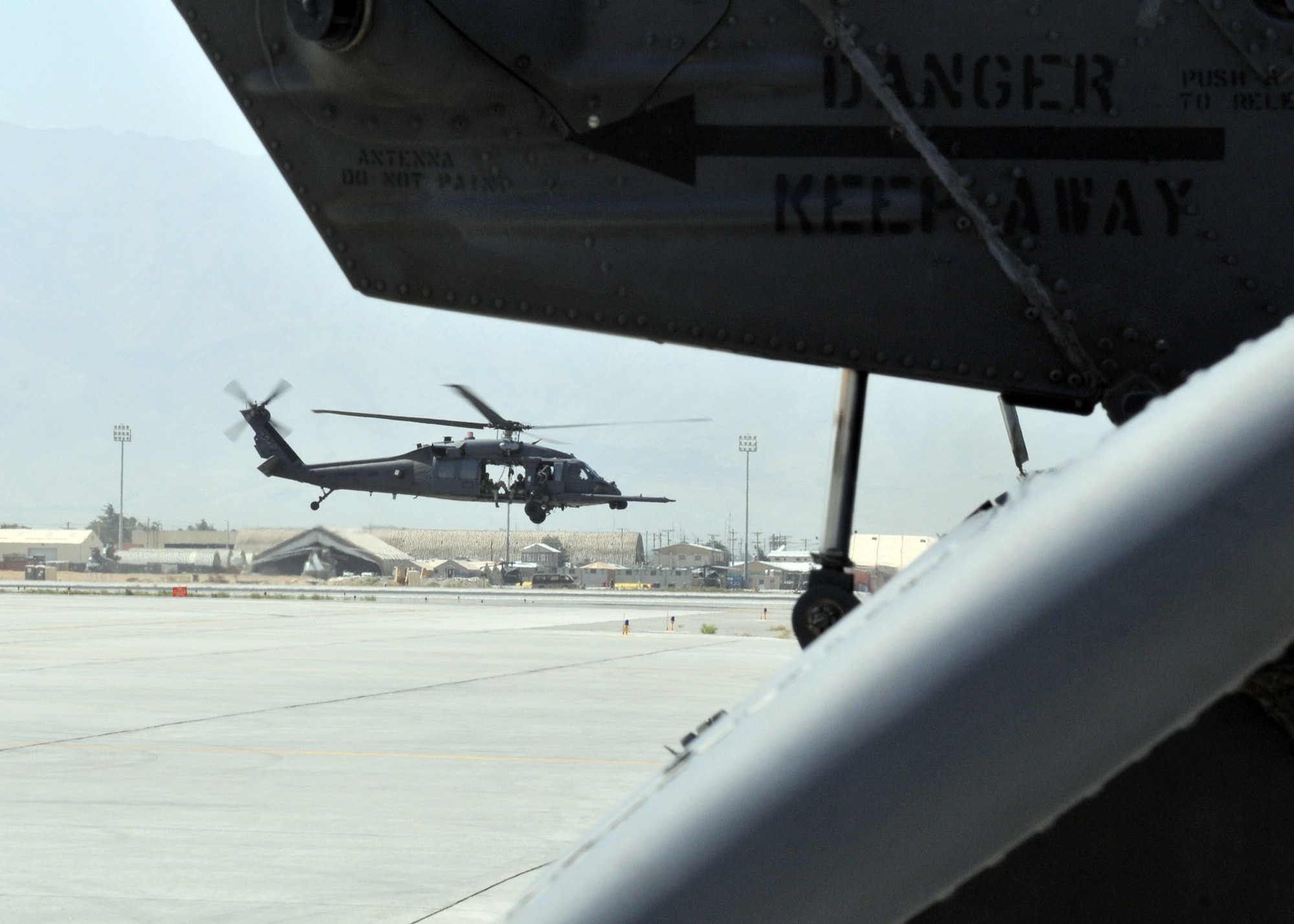 BAGRAM AIRFIELD, Afghanistan -- An HH-60G Pave Hawk prepares to land after a mission in support of Operation Enduring Freedom here, Aug. 30, 2009.  The Pave Hawks at Bagram Airfield are tasked to the 56th Expeditionary Rescue Squadron.  The primary mission of the HH-60G Pave Hawk helicopter is to conduct day or night combat search and rescue missions.  (U.S. Air Force photo/Senior Airman Felicia Juenke)