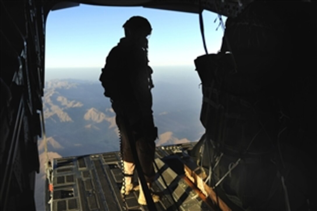 U.S. Air Force Senior Airman Bryce Kester inspects pallets of cargo that will be dropped from a C-17 Globemaster III to a forward operating base in Afghanistan, Aug. 27, 2009. Kester, a loadmaster from the 817th Expeditionary Airlift Squadron, is deployed from McChord Air Force Base, Wash. 