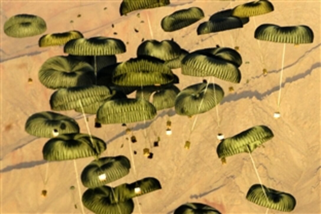 Pallets of cargo drop from a U.S. Air Force 817th Expeditionary Airlift Squadron C-17 Globemaster III to a forward operating base in Afghanistan, Aug. 27, 2009.