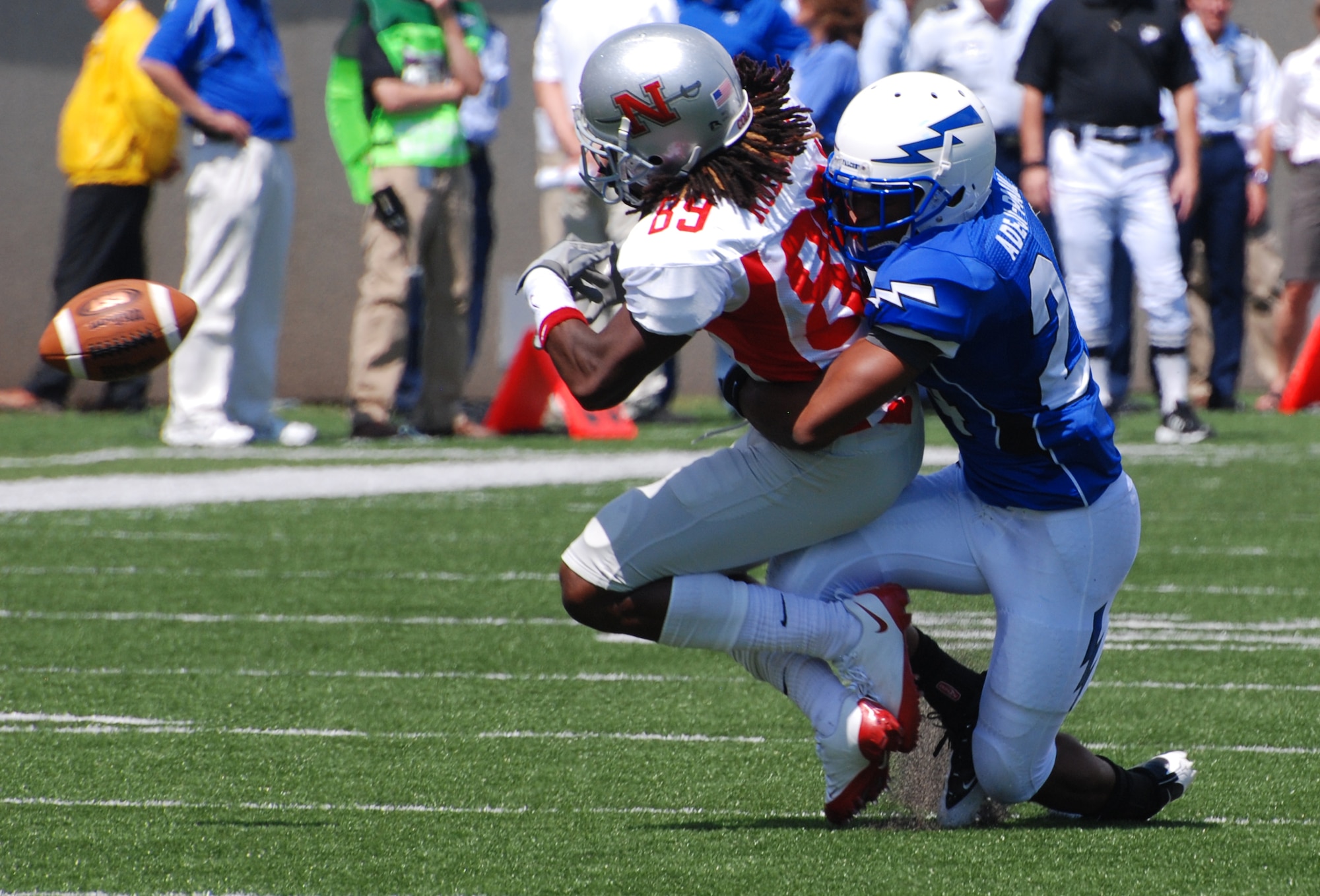 Falcons defensive back P.J. Adeji-Paul breaks up a pass intended for Nicholls State wide receiver Antonio Robinson during Air Force's home opener against the Colonels at Falcons Stadium Sept. 5, 2009. Adeji-Paul is a sophomore and native of Tulsa, Okla. Robinson is a senior and native of Miami. (U.S. Air Force photo/Denise Navoy)