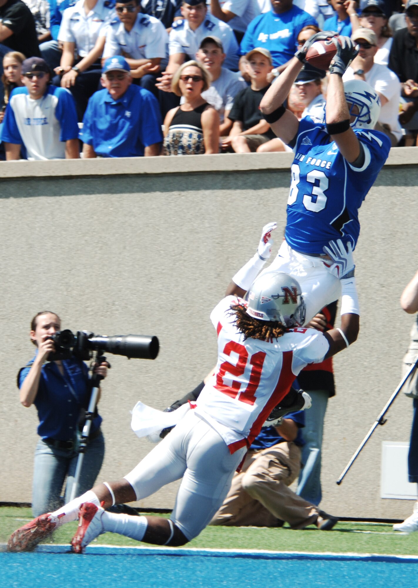 Nicholls State cornerback Bobby Felder knocks Air Force wide receiver Kevin Fogler out-of-bounds during the Falcons' home opener against the Colonels at Falcon Stadium Sept. 5, 2009. Air Force had 102 passing yards and one touchdown on five completions by Falcon quarterback Tim Jefferson en route to a 72-0 victory. (U.S. Air Force photo/John Van Winkle)