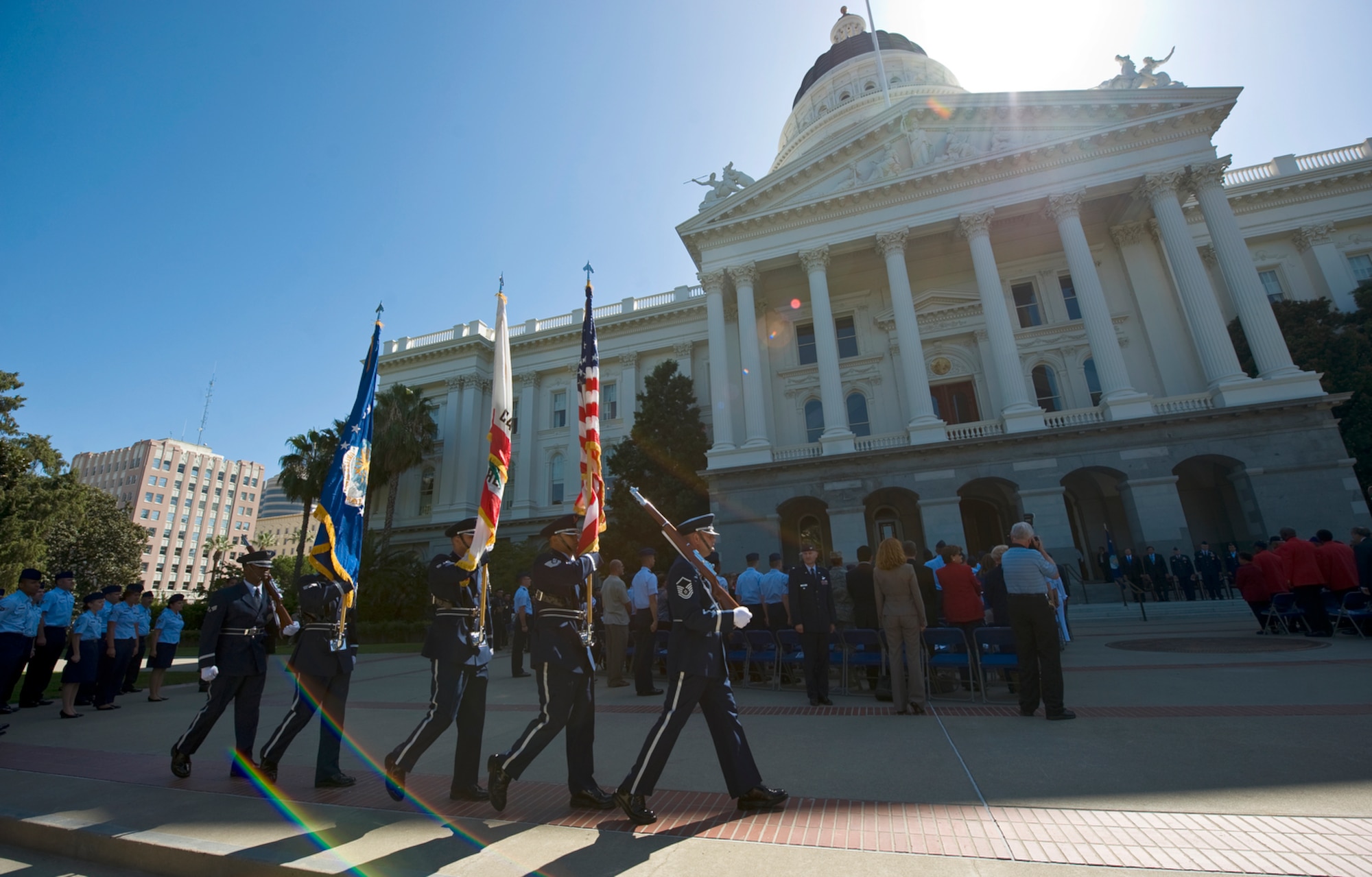 Members of the U.S. Air Force Honor Guard post the colors before a proclamation ceremony Sept. 8, 2009, at the California State Capitol building's west steps naming Sept. 8 through 13 Air Force Week-Sacramento. Those in attendance included the Secretary of the Air Force Michael Donley; Gen. Arthur Lichte, the commander of Air Mobility Command; California Lt. Gov. John Garamendi; and Brig. Gen. Mary J. Kight, assistant adjutant general of the California National Guard. Air Force Week-Sacramento is an event using various activities and exhibitions to educate the local community about the Air Force's capabilities and missions.  (U.S. Air Force photo/Staff Sgt. Bennie J. Davis III)