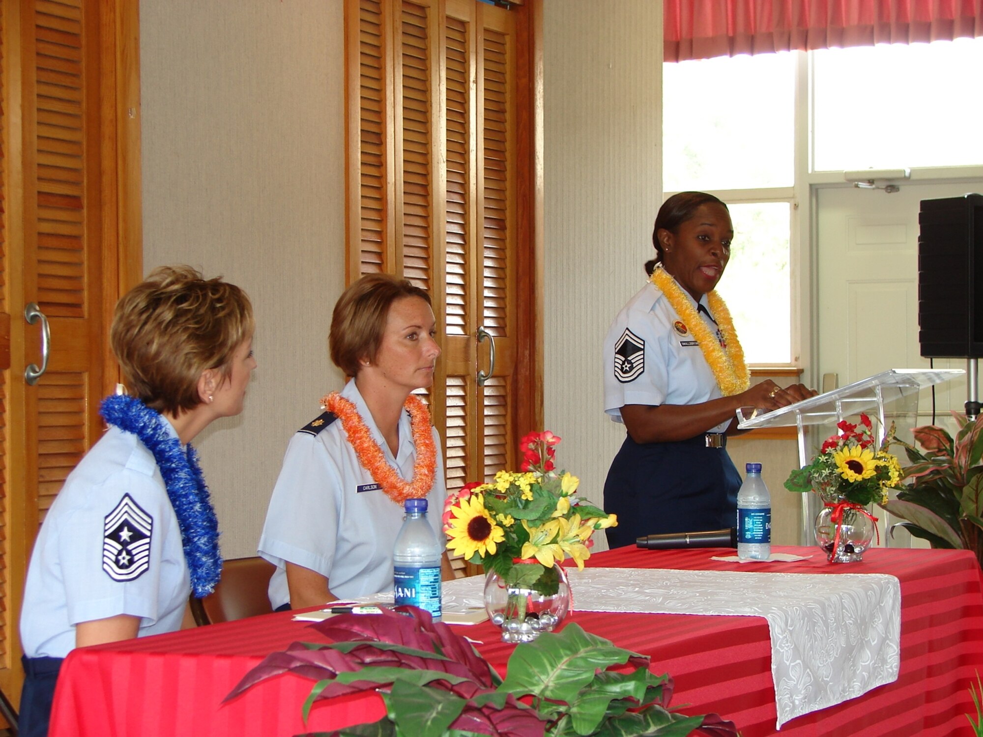 HICKAM AIR FORCE BASE, Hawaii -- Senior Master Sgt. Vanessa Smallsbryant gives a talk on making changes during Women's Equality Day here Aug. 26. Women’s Equality Day commemorates the 1920 passage of the 19th Amendment to the Constitution which granted women the right to vote.  The focus of the presentation, “Overcoming Obstacles – a female’s perspective,” shared a collective vision on how to address obstacles women’s lives, and to effectively “make the change.”   (Courtesy photo)