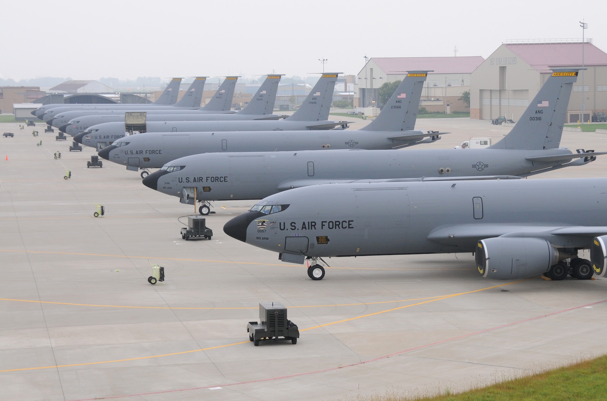 All eight KC-135 "R" model aircraft assigned to the 185th Air Refueling Wing of the Iowa Air National Guard are on the ramp at Sioux City, Iowa. Given the operations tempo for the mid-air refueling aircraft this is a rare site for the Guard Wing based in Sioux City. The photo opportunity lasted for only a few hours on Tuesday, September 8, 2009.
USAF Photo by: MSgt Vincent De Groot
185th ARW Public Affairs, Iowa Air National Guard
