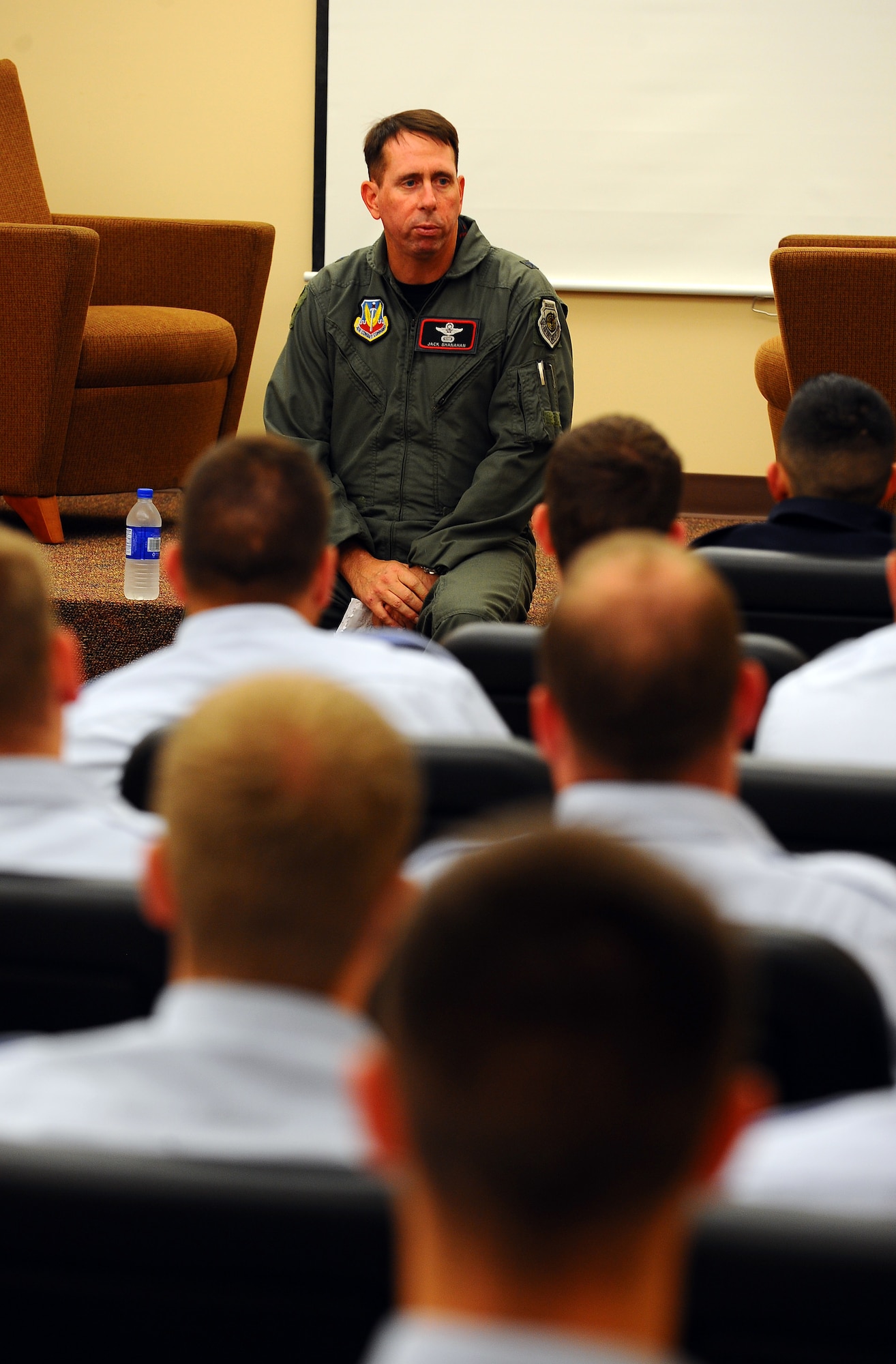 OFFUTT AIR FORCE BASE, Neb. ? Brig. Gen. John N.T. Shanahan, 55th Wing commander, meets with senior Airmen at Airmen Leadership School to informally discuss leadership and management topics Sept. 3.  ALS is roughly a five week Air Force program designed for the development of Airmen into effective supervisors and is the first available professional military education course that an enlisted member will encounter in their career. U.S. Air Force photo by Josh Plueger.