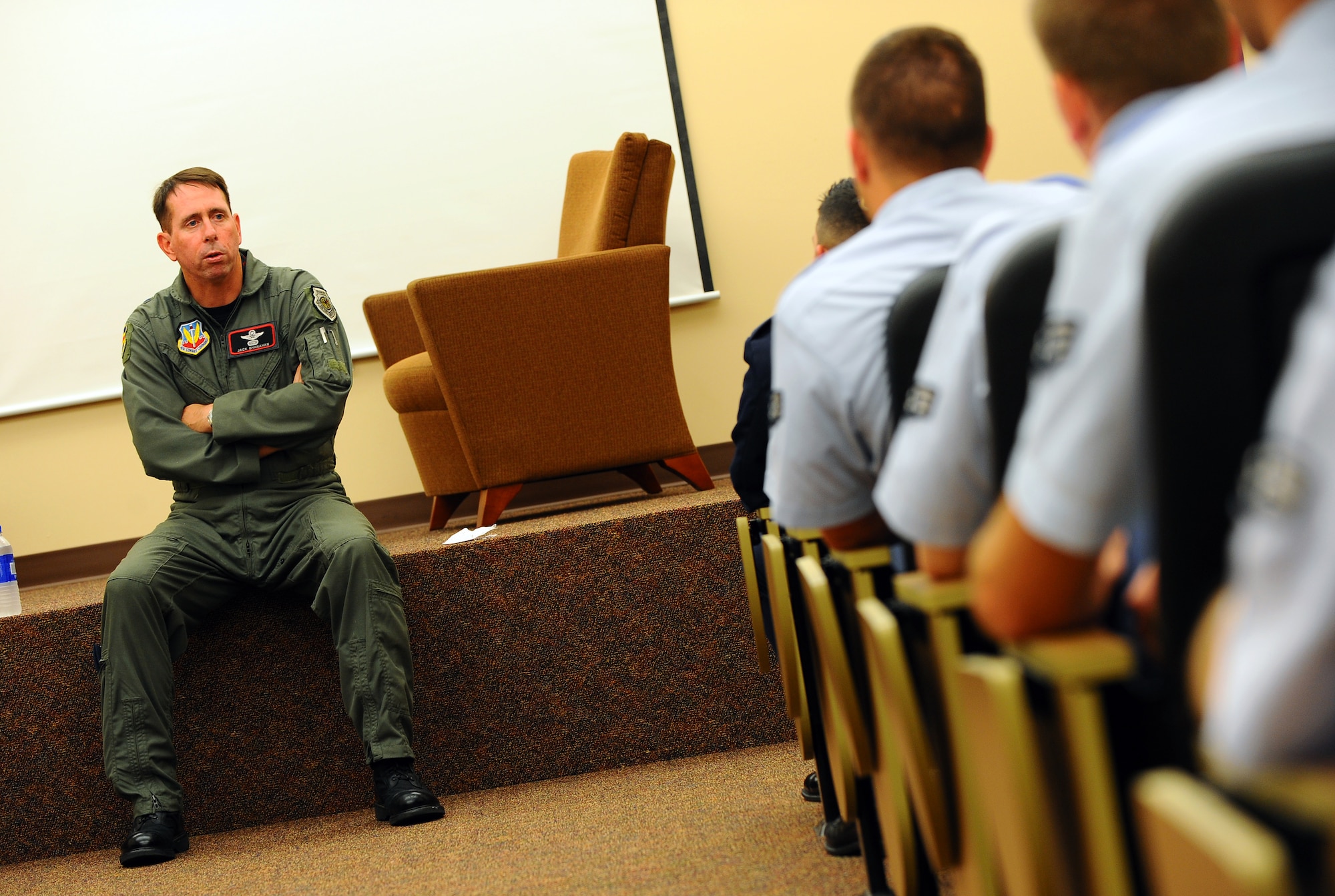 OFFUTT AIR FORCE BASE, Neb. ? Brig. Gen. John N.T. Shanahan, 55th Wing commander, meets with senior Airmen at Airmen Leadership School to informally discuss leadership and management topics Sept. 3.  ALS is roughly a five week Air Force program designed for the development of Airmen into effective supervisors and is the first available professional military education course that an enlisted member will encounter in their career. U.S. Air Force photo by Josh Plueger.