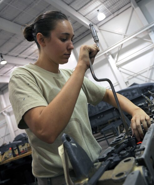 BARKSDALE AIR FORCE BASE, La. -- Airman 1st Class Emily Vaden, 2d Munitions Squadron, tightens a bolt on a yoke assembly during daily routine maintenance. (United States Air Force photo by Senior Airman Alexandra Longfellow) 