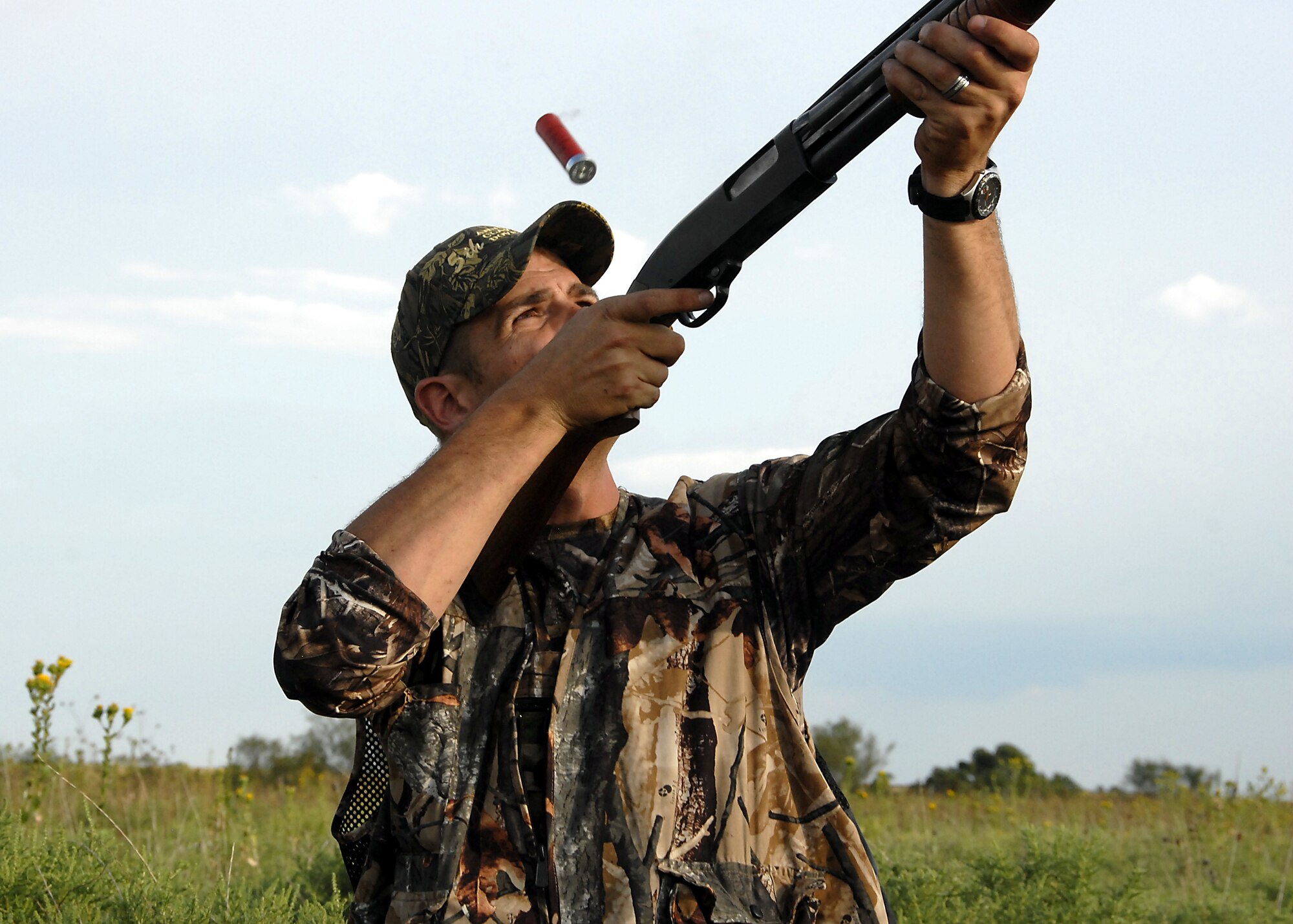 Tech. Sgt. Franklin Hunt, executive NCO for the 82nd Training Wing command chief, fires his shotgun Sep. 5, during the 5th Annual Clay County Dove Salute to the Military. Sergeant Hunt took home seven doves from the event. (U.S. Air Force photo/ Mike Litteken)