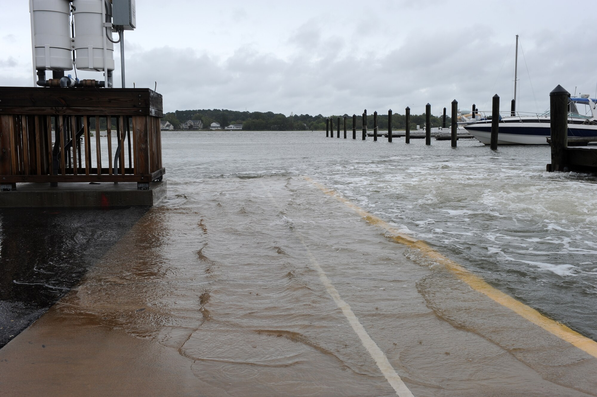 LANGLEY AIR FORCE BASE, Va. --  Beware of flash flooding, standing water.  Although Langley isn't often affected by hurricanes, severe weather is expected throughout the summer months, and flash flooding is a dangerous byproduct of torrential downpours. Lt. Col. Matt Esper, 1st Fighter Wing Safety Office chief of safety, advises drivers to avoid driving through areas of standing water, as it may disable vehicles. Drivers cannot gauge how deep the water is and may be deeper than it appears. Also, drivers are advised to avoid driving through moving water. If you notice any areas of standing water on base, call the 1st Civil Engineer Squadron at 764-5342.  (U.S. Air Force photo/Senior Airman Zachary Wolf)