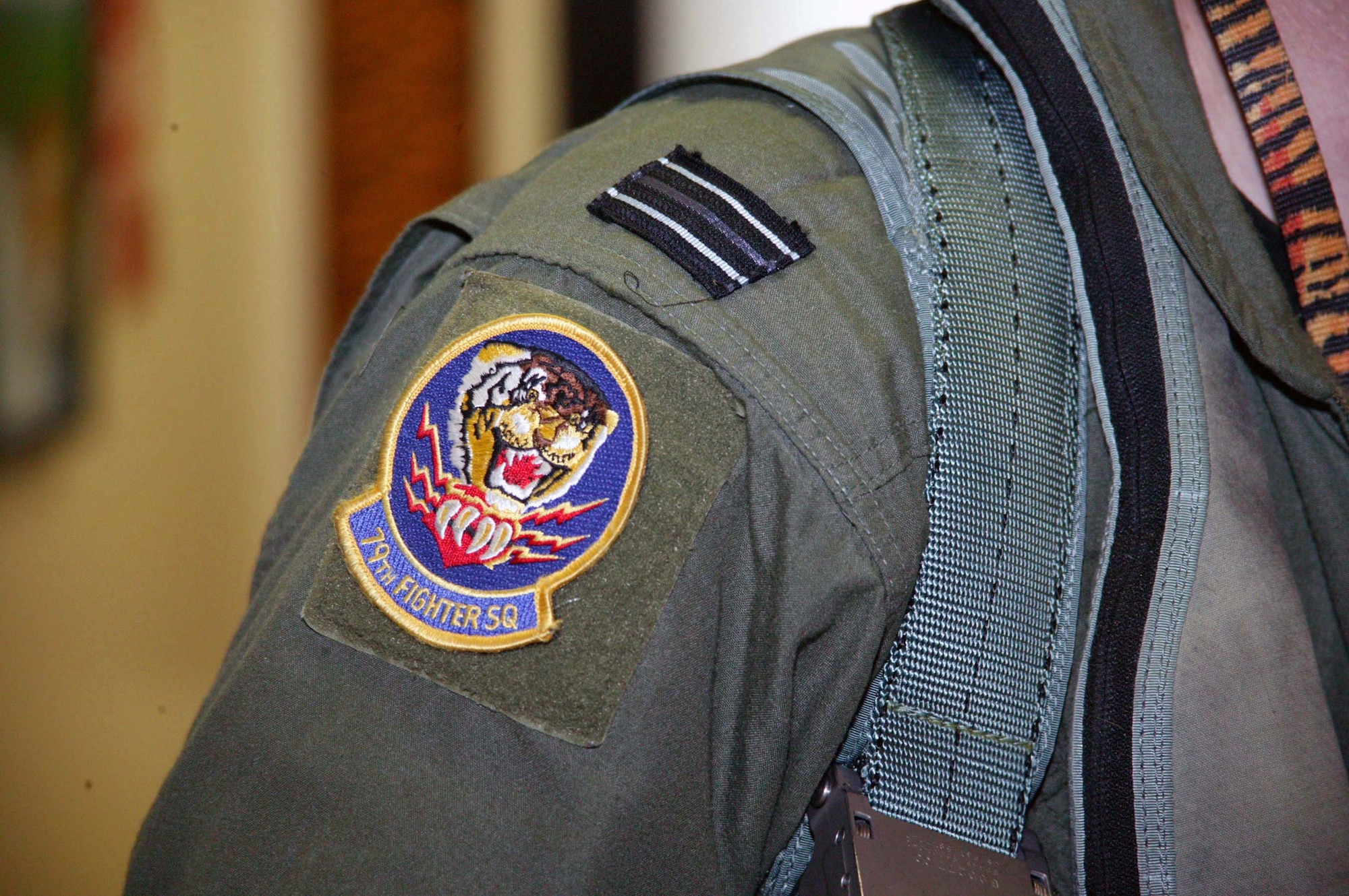 SHAW AIR FORCE BASE, S.C. -- Flight Lt. Andrew Mallery-Blythe, 79th Fighter Squadron F-16 pilot, wears the patch of the 79th FS Tigers here along with his Royal Air Force rank of "leftenant." He is an exchange pilot from the United Kingdom. The exchange program swaps pilots from different countries to learn how allies fly, train and fight. The focus of the program is to improve international relations and pilot adaptability. (U.S. Air Force photo/Staff Sgt. John Gordinier)
