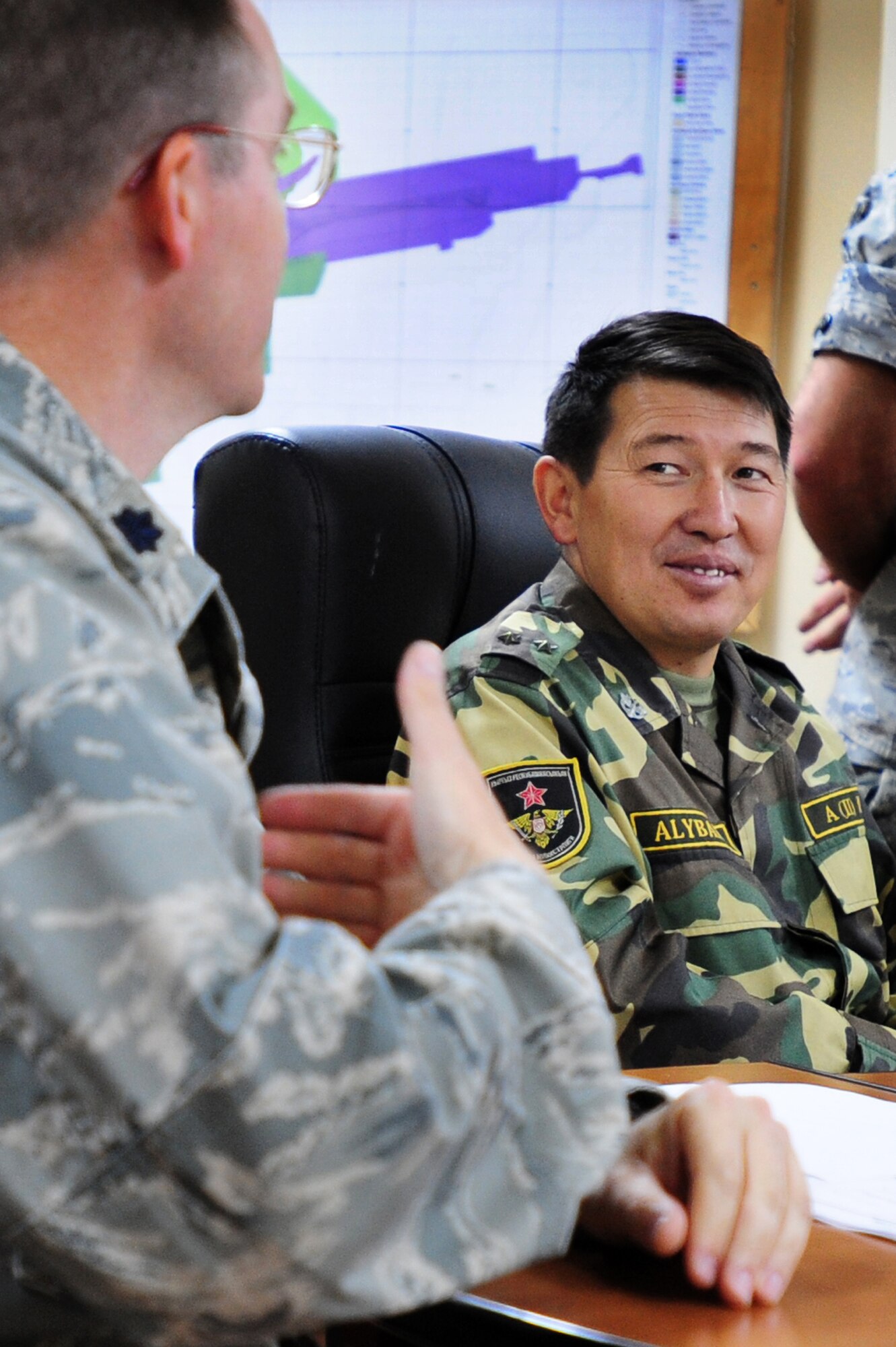 Lt. Col. Bradley Allen briefs Kyrgyz Lt. Col. Mirlan Alybayev Aug. 25, 2009 during a visit to the Transit Center at Manas, Kyrgyzstan. The Kyrgyz ministry of defense got a firsthand look at maintenance facilities and a KC-135 Stratotanker while touring the Transit Center. Colonel Allen is the 376th Expeditionary Maintenance Group commander. Colonel Alybayev is a Kyrgyzstan ministry of defense liaison officer. (U.S. Air Force photo/Senior Airman Steele C. G. Britton) 