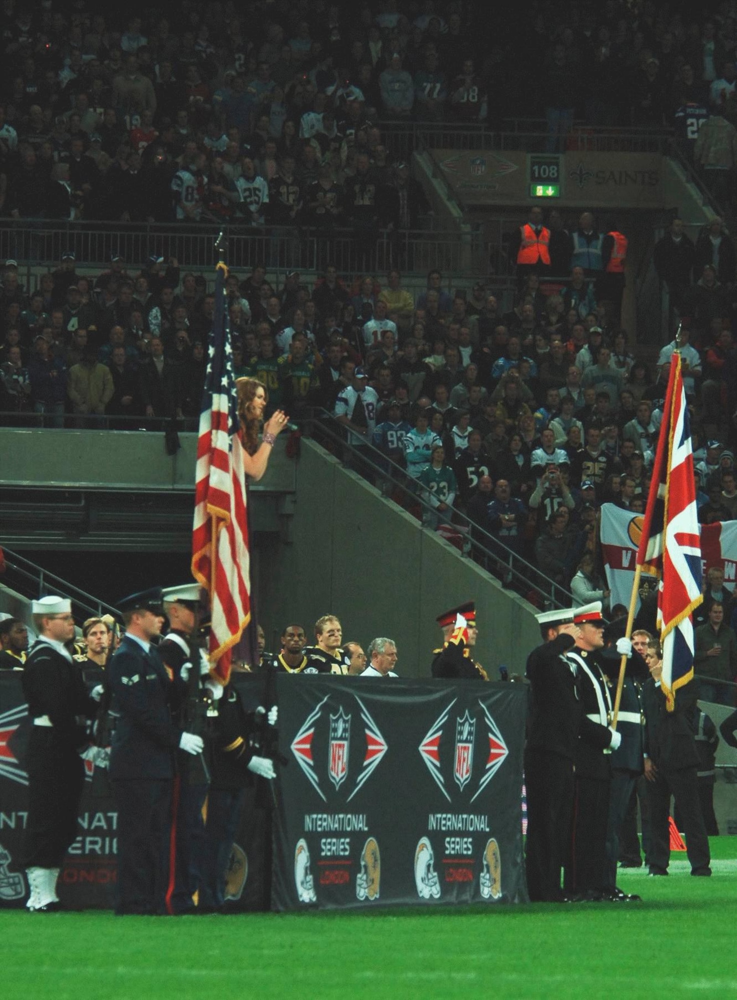 For the third year in a row the National Football League has chosen the JAC Honor Guard to perform at the annual regular season game played at London's Wembley Stadium.  The Honor Guard will team with a British Armed Forces unit on 25 October when the New England Patriots clash with the Tampa Bay Buccaneers.  (U.S. Air Force PHoto by Staff Sgt. Chad E. Chisholm)