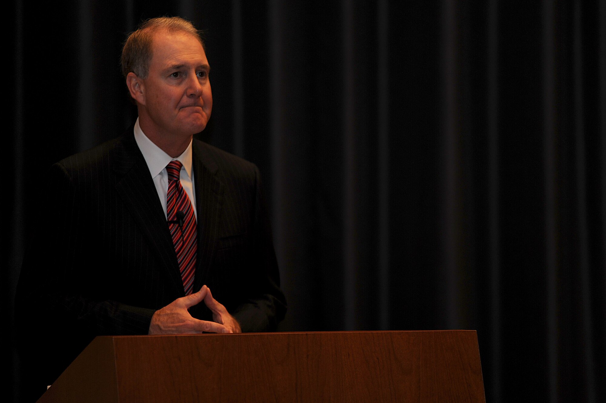 Mr. Gary Kelly provides motivational remarks to the crowd assembled in Grace Peterson Hall Aug. 12 at the U.S. Air Force Expeditionary Center on the Fort Dix section of Joint Base McGuire-Dix-Lakehurst, N.J.  Mr. Kelly, chief executive officer of SouthWest Airlines, was the fourth speaker in a series of professional development events helping the Center celebrate its 15th Anniversary. (U.S. Air Force Photo/Staff Sgt. Nathan G. Bevier) 