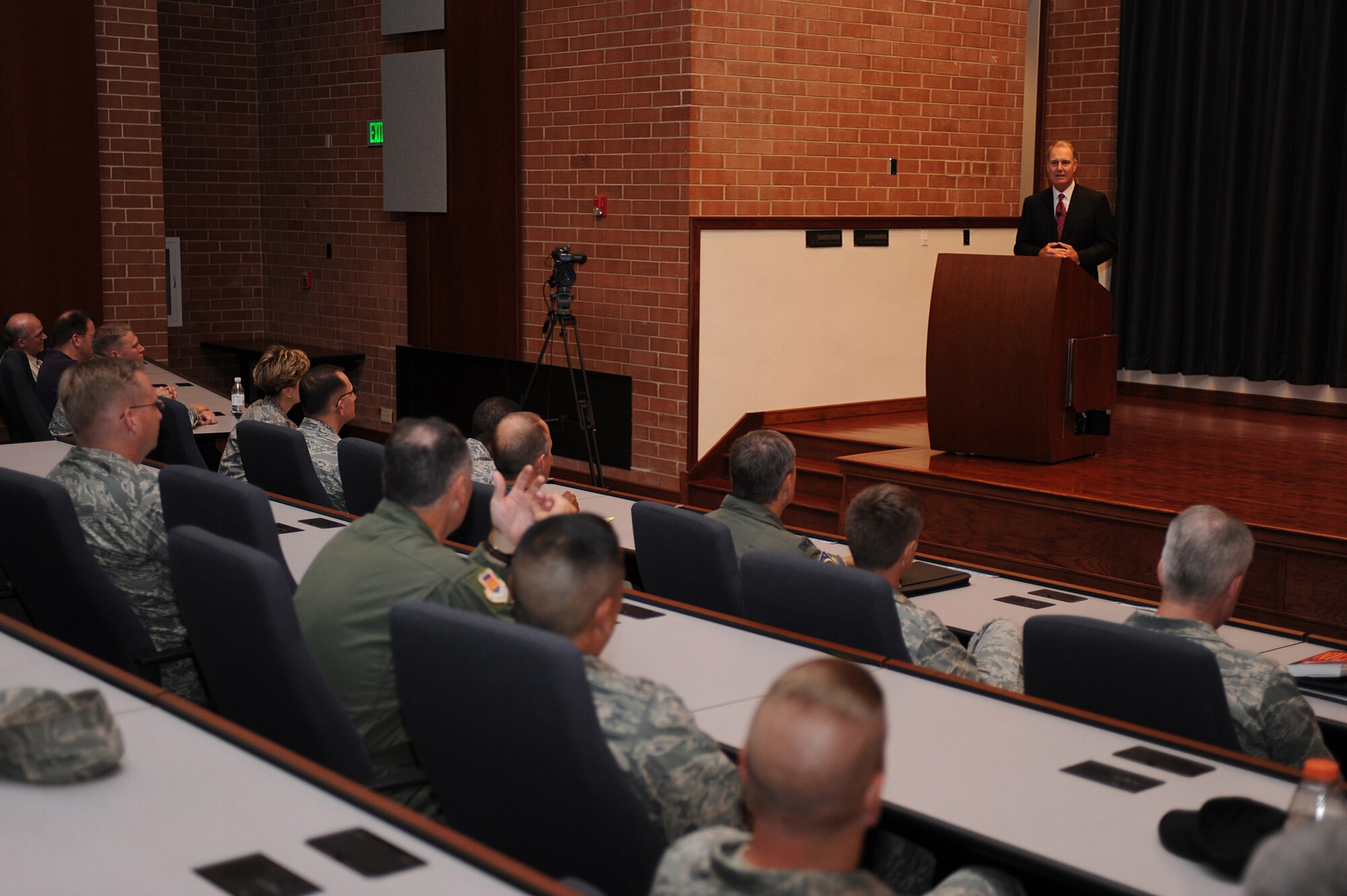 Mr. Gary Kelly provides motivational remarks to the crowd assembled in Grace Peterson Hall Aug. 12 at the U.S. Air Force Expeditionary Center on the Fort Dix section of Joint Base McGuire-Dix-Lakehurst, N.J.  Mr. Kelly, chief executive officer of SouthWest Airlines, was the fourth speaker in a series of professional development events helping the Center celebrate its 15th Anniversary. Mr. Kelly said employees have to come first because they are responsible for the company’s success.  “We expect our leaders to spend the majority of their time and efforts making sure our employees have their support; that they have the tools that they need to succeed at Southwest,” Mr. Kelly said.  “We think that by focusing on the needs of our employees, and making sure that they’re met, we’re creating an environment of trust, we’re creating an environment of respect that we hope will be passed on to the customer.” (U.S. Air Force Photo/Staff Sgt. Nathan G. Bevier) 