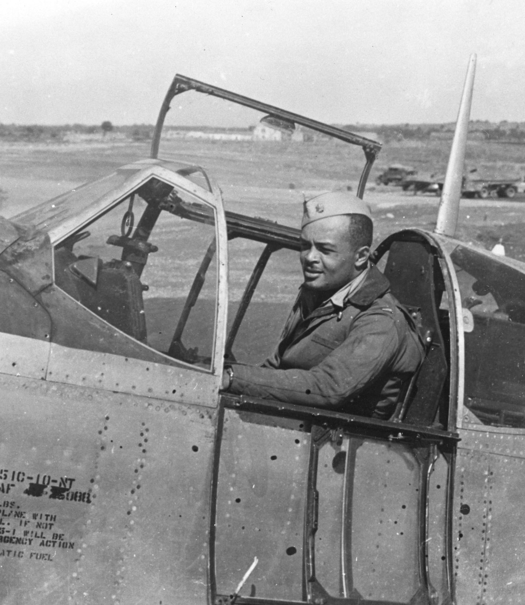 Maj. George S. “Spanky” Roberts at the controls of a P-51 Mustang. Roberts was the first African American accepted for U.S. Army pilot training. He later commanded the 99th Fighter Squadron and the 332nd Fighter Group. (U.S. Air Force photo)