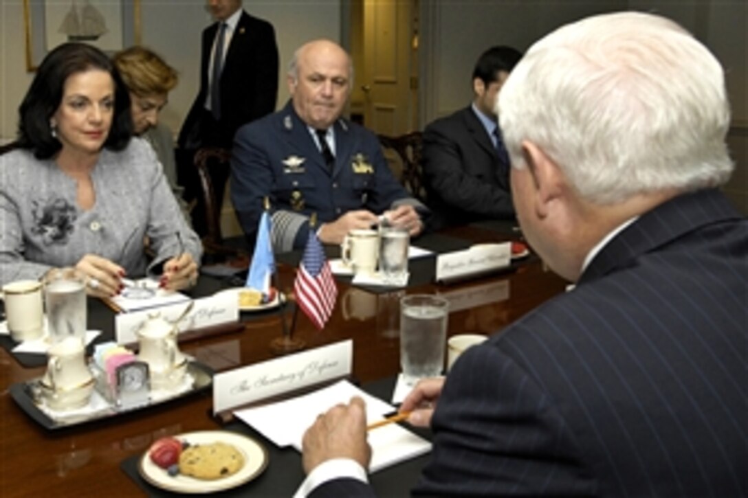 Argentine Defense Minister Nilda Garre, left, meets with Defense Secretary Robert M. Gates at the Pentagon, Sept. 8, 2009. They met to discuss a broad range of hemispheric and global security issues.