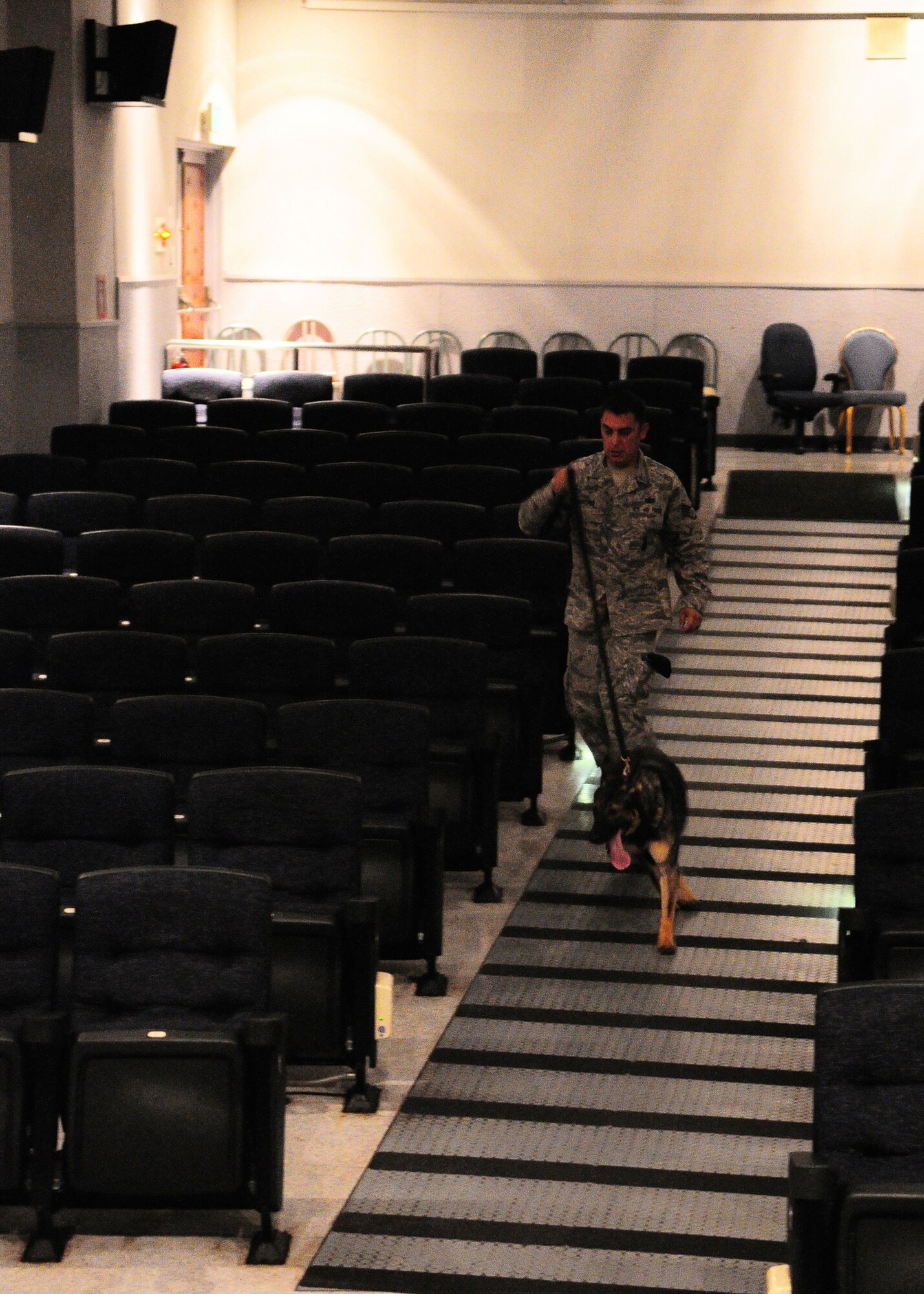 YOKOTA AIR BASE, Japan -- Staff Sgt. Carlos Sanchez, 374th Security Forces Squadron Military Working Dog handler, and Pixi walk down the aisle of the base movie theater in search of sample explosive during explosives detection training recently. Handlers and their MWDs train constantly to maintain proficiency. The MWD section keeps a constant vigil by patrolling the base and providing drug and explosives' detection capabilities. (U.S. Air Force photo/Airman 1st Class Michael Dillon) 
