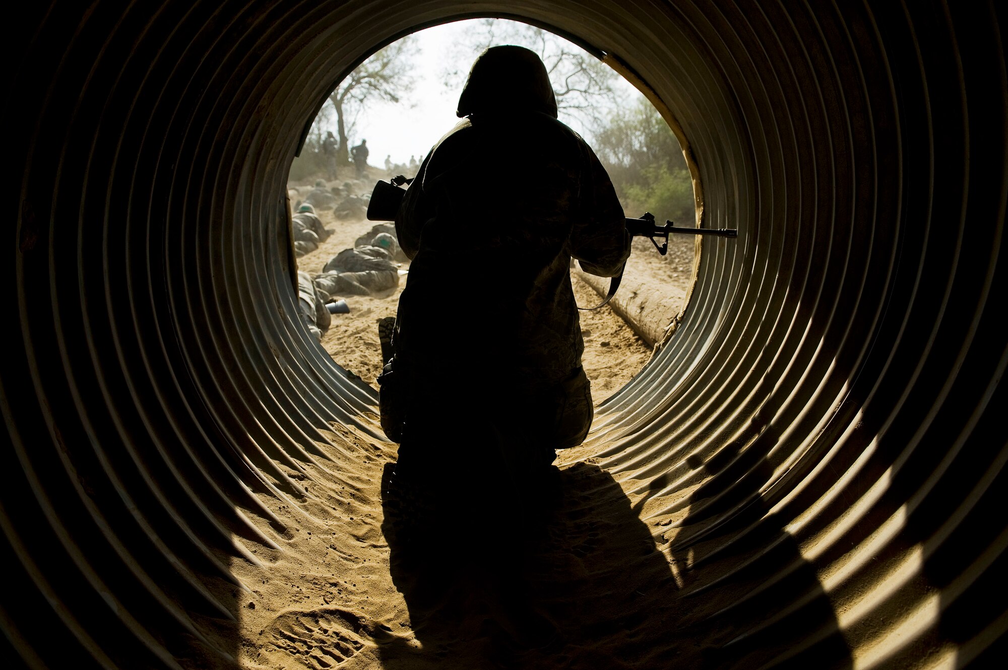 A basic trainee prepares to enter the last leg of the tactical course at the Basic Expeditionary Airman Training course Sept. 2, 2009, at Lackland Air Force Base, Texas. (U.S. Air Force photo/Senior Airman Christopher Griffin)