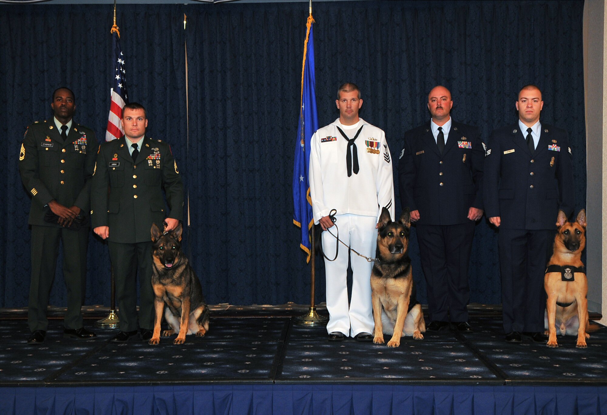 In attendance and representing the military services for the official retirement ceremony for Military Working Dog Ben Sept. 8 at the Bolling Club were from left, Army Sgt. 1st Class William Etheridge, kennelmaster; U.S. Army Staff Sgt. Michael Unruh and dog, Jofa, from Fort Belvoir; U.S. Navy Master at Arms 1st Class Randy Sapp, with dog, Charry, from Anacostia; and Tech. Sgt. Timothy Evans, kennelmaster; and Senior Airman William Grymes and dog, Rocky, from Bolling AFB. Ben served 11 years as a dual-certified patrol and narcotics-detector military working dog in the Air Force. (U.S. Air Force photo by Senior Airman Marleah Miller)