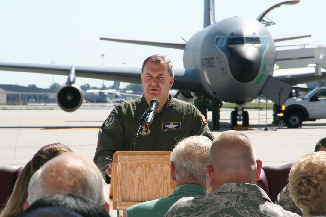 The 108th ARW commander, Brig. Gen. Michael L. Cunniff, speaks at the E-model ceremony Aug. 7, 2009 at McGuire AFB, NJ.  The E model was transferred to the Air Guard in 1975 and came to the 108th in 1984.  The E model airplane has flown combat missions from Vietnam to Iraq during a 52-year military career.  It's final resting place will be at Dover Air Force Base in Delaware, where it will be on display in the Air Mobility Command Museum.