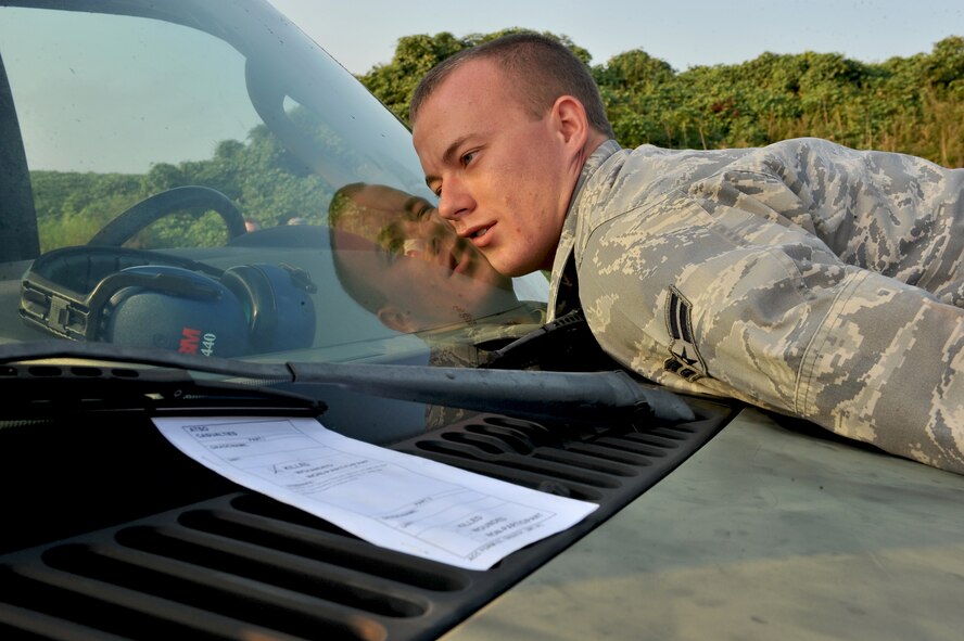 SHAW AIR FORCE BASE, S.C. -- Airman 1st Class Richard Spurgeon, 20th Equipment Maintenance Squadron flightline delivery crew chief, takes the role of a simulated casualty during a major accident response exercise, Sept. 9. (U.S. Air Force photo/Senior Airman Kathrine McDowell)