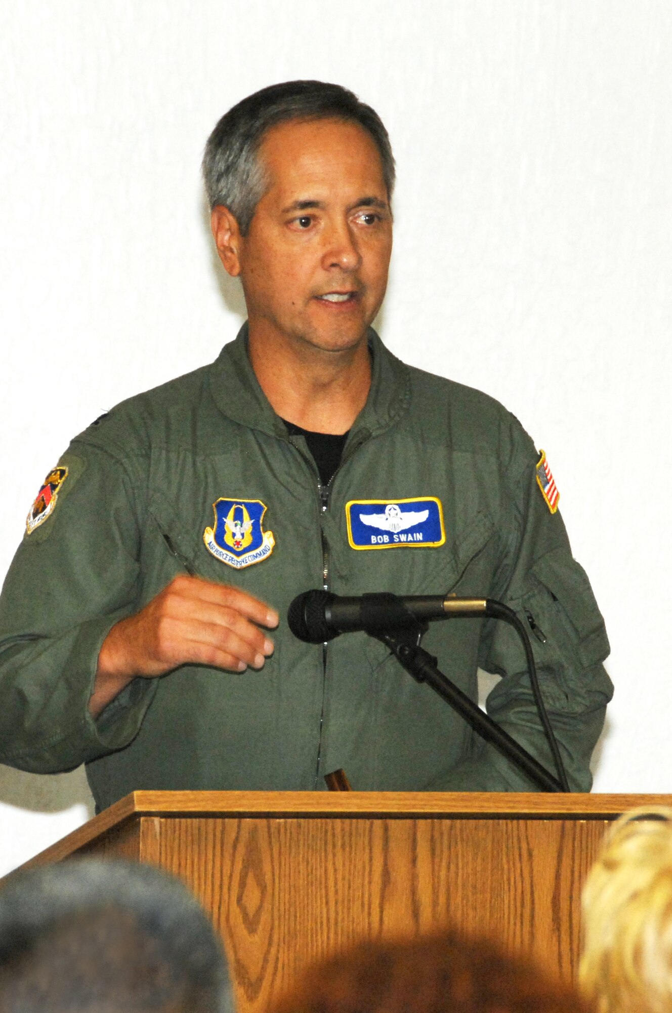 Col. Robert Swain, 439 Airlift Wing commander, Westover Air Reserve Base, Mass., speaks at the Passenger Terminal Aug. 25. Colonel Swain was at Travis to accept the last C-5B Galaxy to be upgraded under the Avionics Modernization Program for his wing. (U.S. Air Force photo/Nan Wylie)
