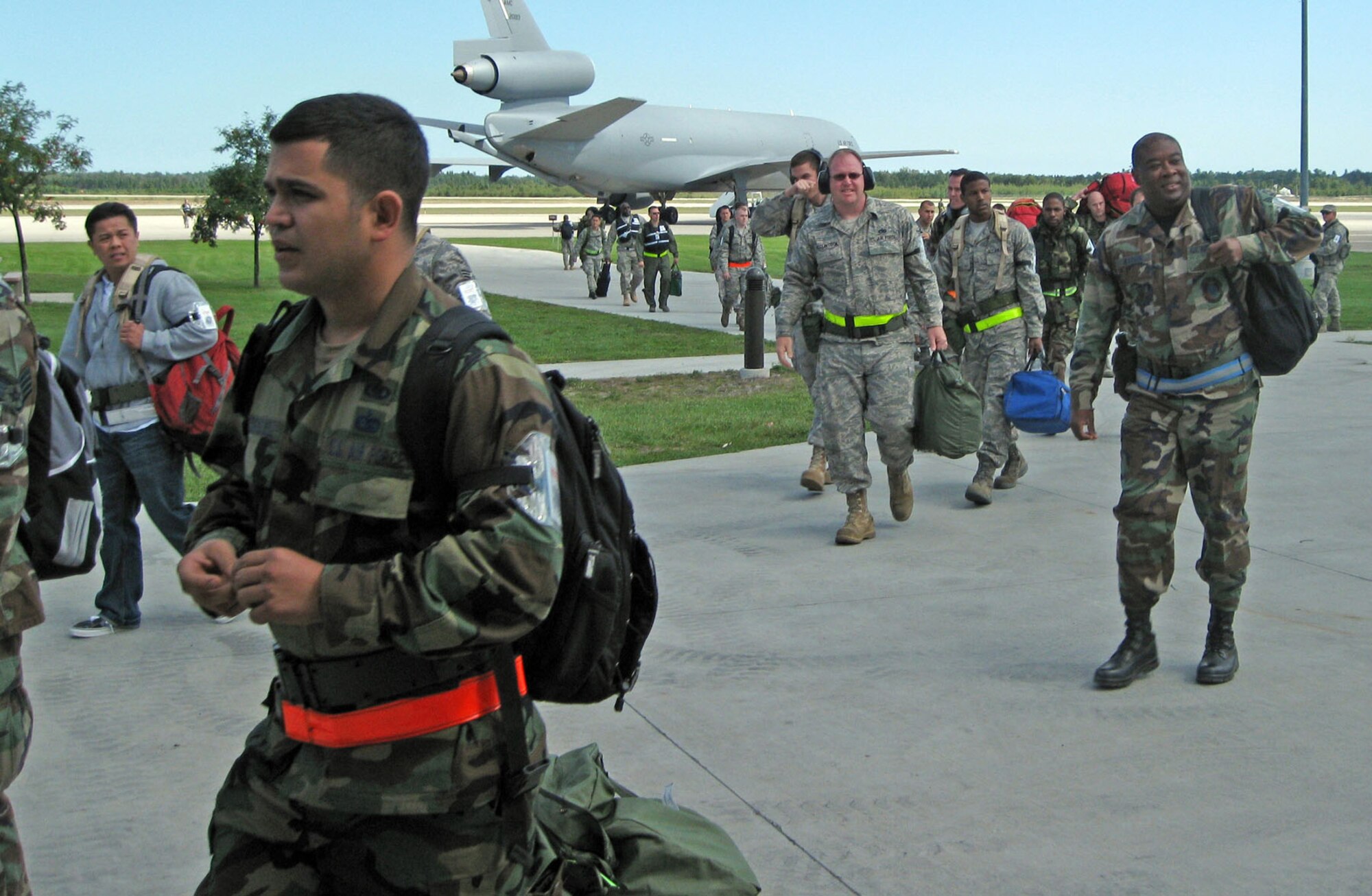 TRAVIS AIR FORCE BASE, Calif. -- 349th and 60th wing members arrive at Alpena Air National Guard Base, Mich. in preparation for ORE operations. 349th and 60th members participated in a ‘fly-away’ to Alpena Aug 28 – Sep 5 to prepare for the upcoming joint ORI. (U.S. Air Force photo/Lt. Col. (Sel.) Robert Couse-Baker)                              
