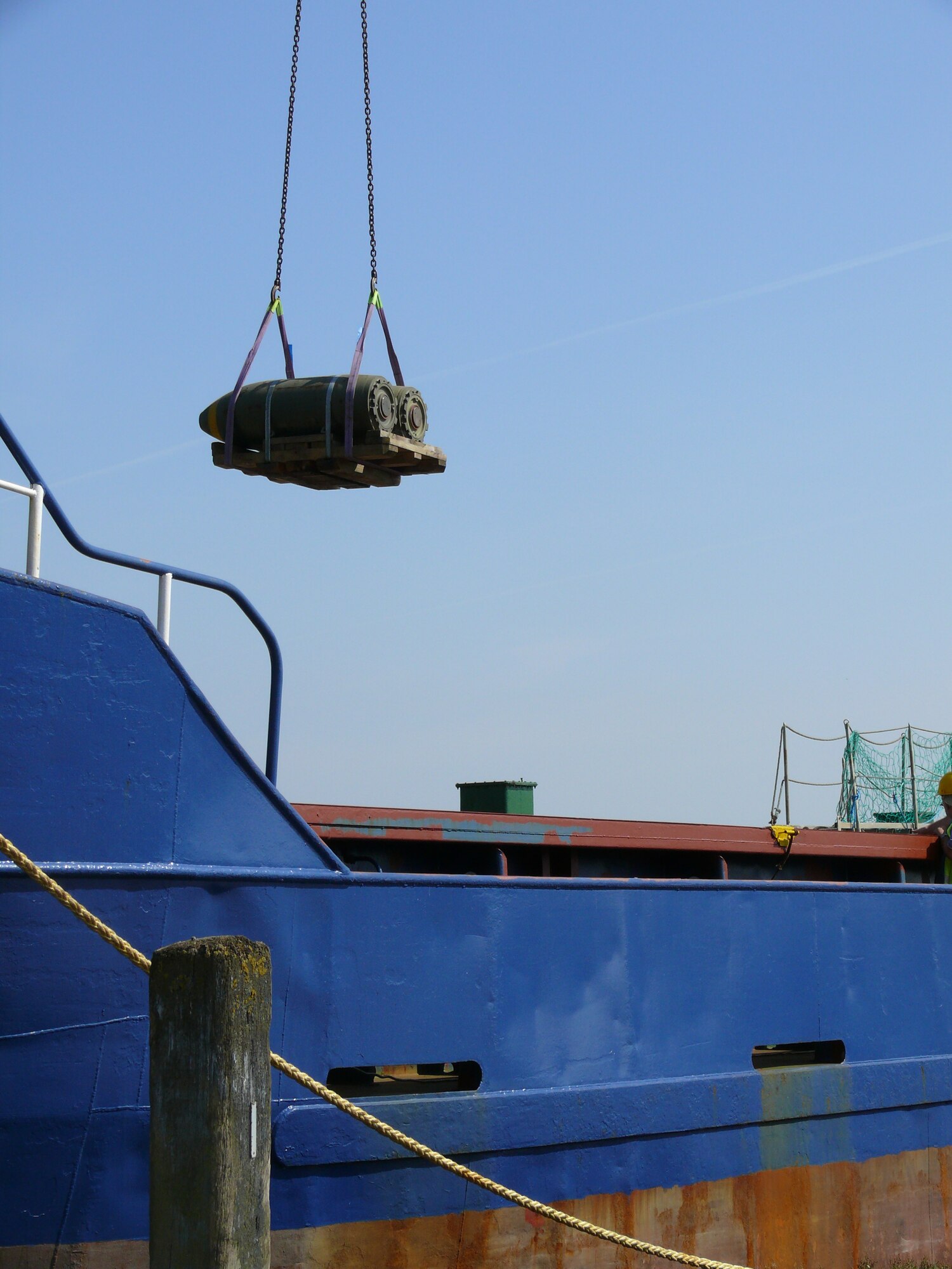 RAF WELFORD -  A pallet of M117’s removed from here is being loaded onto a vessel to be transported to Sweden. The last M117s were removed from RAF Welford Sept. 2 by Airmen assigned to the 420th Munitions Squadron.