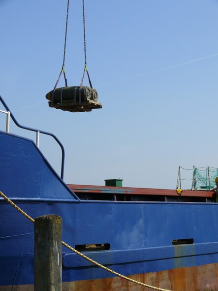 RAF WELFORD -  A pallet of M117’s removed from here is being loaded onto a vessel to be transported to Sweden. The last M117s were removed from RAF Welford Sept. 2 by Airmen assigned to the 420th Munitions Squadron.