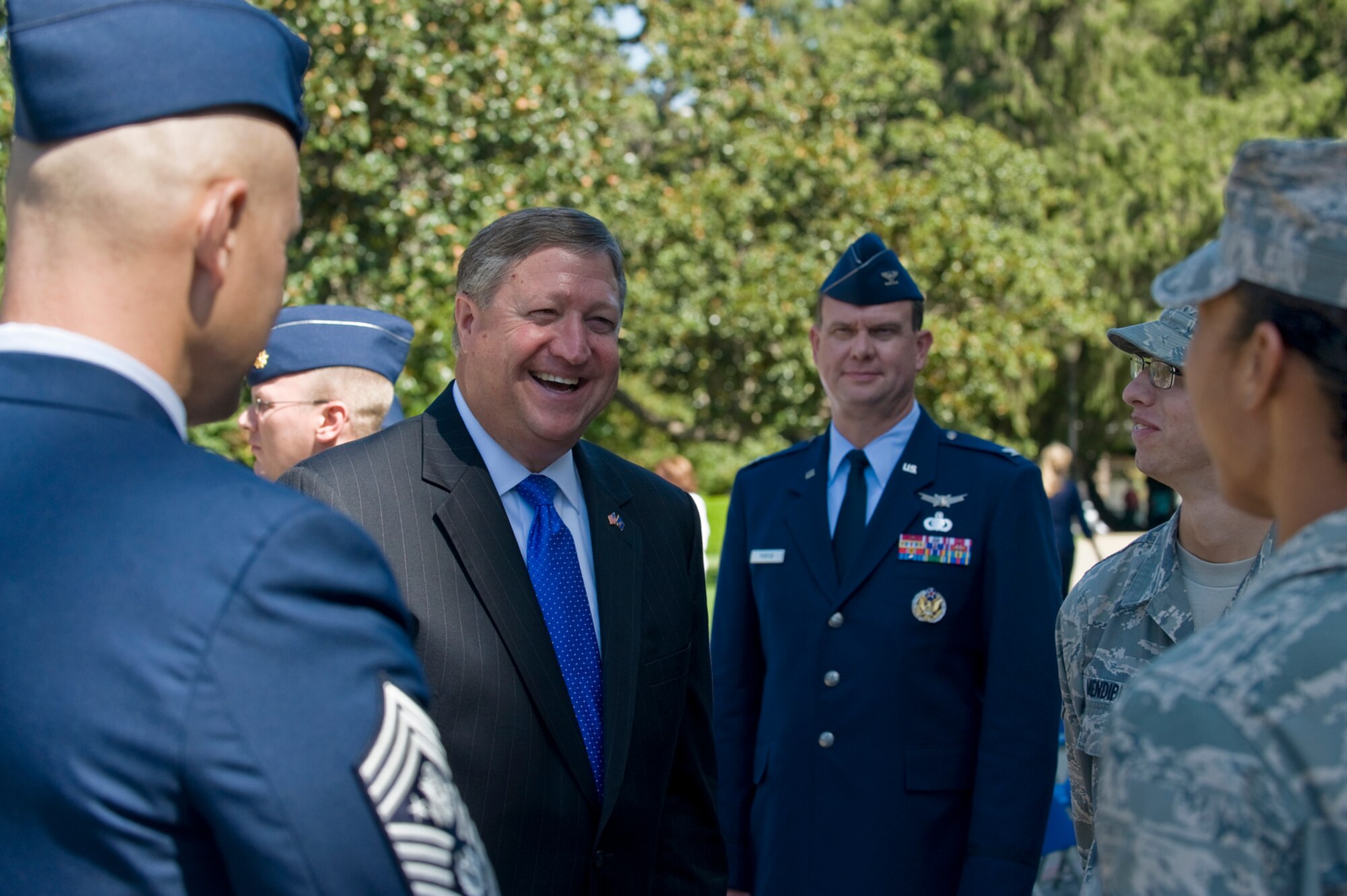 Secretary of the Air Force Michael Donley and Chief Master Sergeant of the Air Force James A. Roy speak with Airmen stationed at Travis Air Force Base, Calif.  The Air Force leaders were in town for a proclamation ceremony at the California State Capitol building’s West steps Sept. 8 naming Sept. 8 to 13, 2009 Air Force Week-Sacramento. The ceremony featured flyovers by a C-17 Globemaster III and a KC-10 Extender, as well as performances by the Air Force Band of the Golden West and the Air Force Drill Team. Air Force Week-Sacramento presents activities and exhibitions used to educate the community about the Air Force's capabilities and missions. (U.S. Air Force photo/Staff Sgt. Bennie J. Davis III)