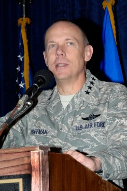 Gen. Donald Hoffman, commander of Air Force Materiel Command, speaks to AFMC and defense industry leaders during the Air Force Association Technology Symposium at Wright-Patterson Air Force Base on Sept. 3.  The AFA event was timed to coincide AFMC's semi-annual senior leaders conference Sept. 1 and 2. General Hoffman used the conference to reinforce AFMC's vital role as caretaker of the nuclear arsenal and to strengthen dialogue between government and industry leaders who support Air Force research & development, acquisition, test & evaluation and sustainment missions.   (Air Force photo/William Pugh)
