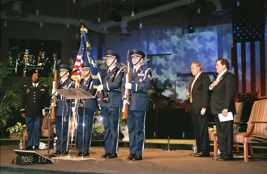 From left to right, Staff Sgt. Nick Case, Capt. Alicia Hughes, Capt. Randy Haeberle and Staff Sgt. Andrew Porden of the 14th Weather Squadron’s Special Ceremonies Team present the colors at a Hope for Wounded Warriors event featuring former Kansas senator and presidential candidate Bob Dole. The SCT serves as both the color guard and honor guard for an area covering almost 20,000 square miles in the Western Carolinas and Eastern Tennessee.
