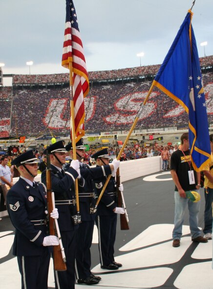 From left to right, Staff Sgt. Nick Case, Maj. Dan Wunder, Staff Sgt. Andrew Porden and Tech. Sgt. Rob Hubler of the 14th Weather Squadron’s Special Ceremonies Team present the colors before a NASCAR race at Bristol Motor Speedway. The SCT serves as both the color guard and honor guard for an area covering almost 20,000 square miles in the Western Carolinas and Eastern Tennessee.
