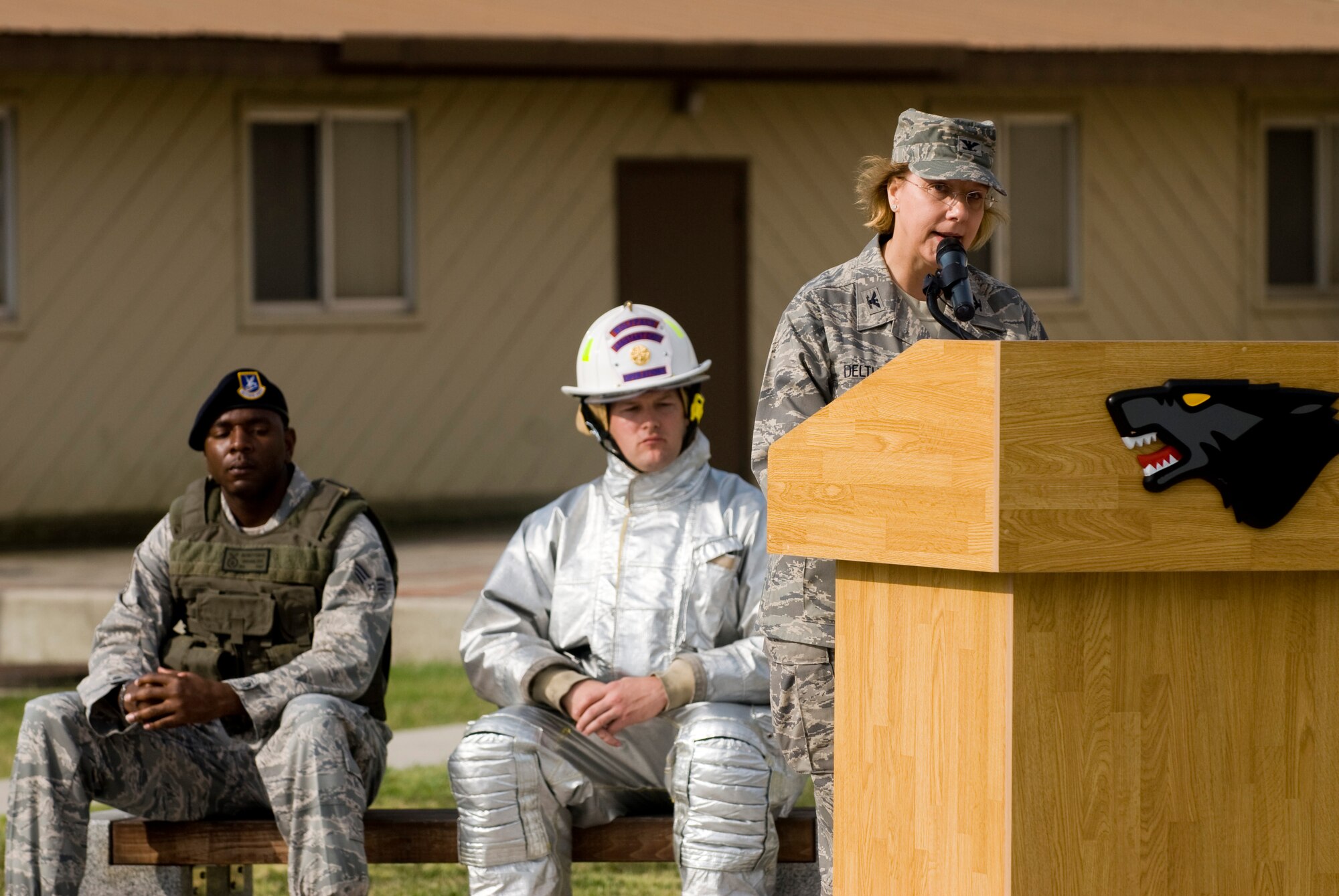 KUNSAN AIR BASE, Republic of Korea -- Col. Janet Deltuva, 8th Medical Group commander, shares her experiences while stationed at the Pentagon on Sept. 11, 2001 during the Patriot Day Ceremony.The September 11 Patriot Day Ceremony is Kunsan's way of acknowledging the courageous firefighters, police officers, emergency responders and others who risked their lives to save the victims of the tragic events of September 11, 2001. The ceremony also paid tribute to the men and women of the U.S. Armed Forces who have served in the military whether deployed or at home station since these events. (U.S. Air Force Photo / Senior Airman Jonathan Steffen)
