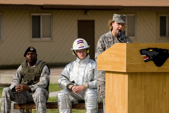 Col. Janet Deltuva, 8th Medical Group commander, shares her experiences while stationed at the Pentagon Sept. 11, 2001 during the Patriot Day Ceremony at Kunsan Air Base, Republic of Korea. The September 11 Patriot Day Ceremony is Kunsan's way of acknowledging the courageous firefighters, police officers, emergency responders and others who risked their lives to save the victims of the tragic events of Sept. 11, 2001. The ceremony also paid tribute to the men and women of the U.S. Armed Forces who have served in the military whether deployed or at home station since these events. (U.S. Air Force photo/Senior Airman Jonathan Steffen) 