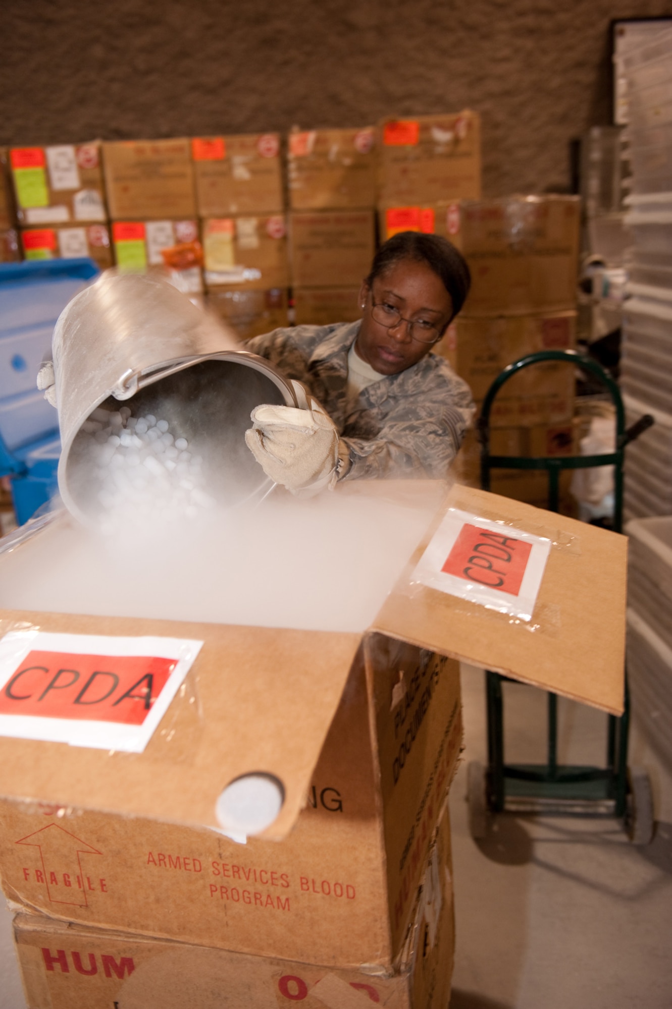 Tech. Sgt. Karen Fish, 379th Blood TransShipment Center health services administrator technician, prepares a box with dry ice, Sept. 9 for shipment of blood supplies to medical facilities throughout the area of responsibility. The 379 BTC is the hub for providing blood and blood products to the U.S. Central Command AOR, Horn of Africa and Naval ships to ensure these facilities have the blood supply they need. Sergeant Fish is deployed from Davis-Monthan Air Force Base, Ariz., in support of Operations Iraqi and Enduring Freedom. (U.S. Air Force Photo/Staff Sgt. Robert Barney)